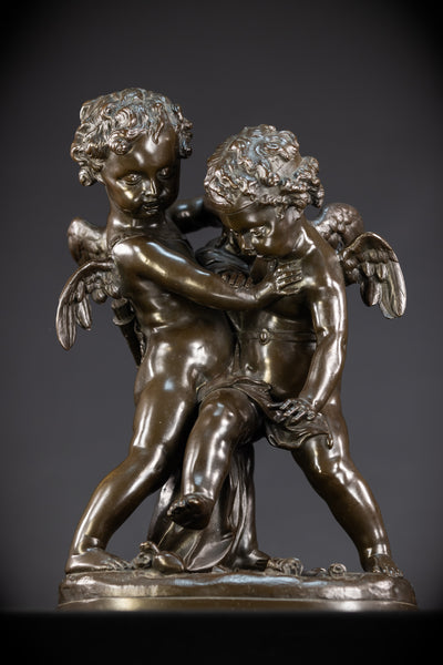 Bronze Sculpture Cupid Fighting Over Heart | Etienne-Maurice Falconet | 1800s Antique | 18.3"