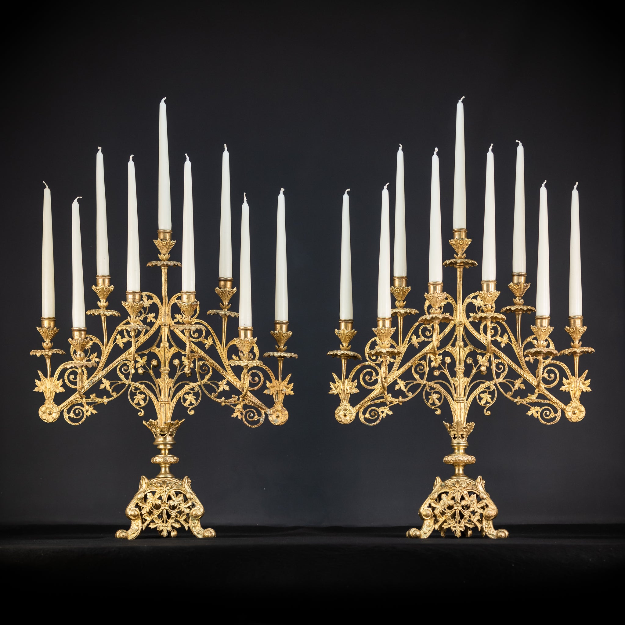Pair of Baroque Gilded Bronze Candelabras | 1800s Antique | 22" / 56 cm