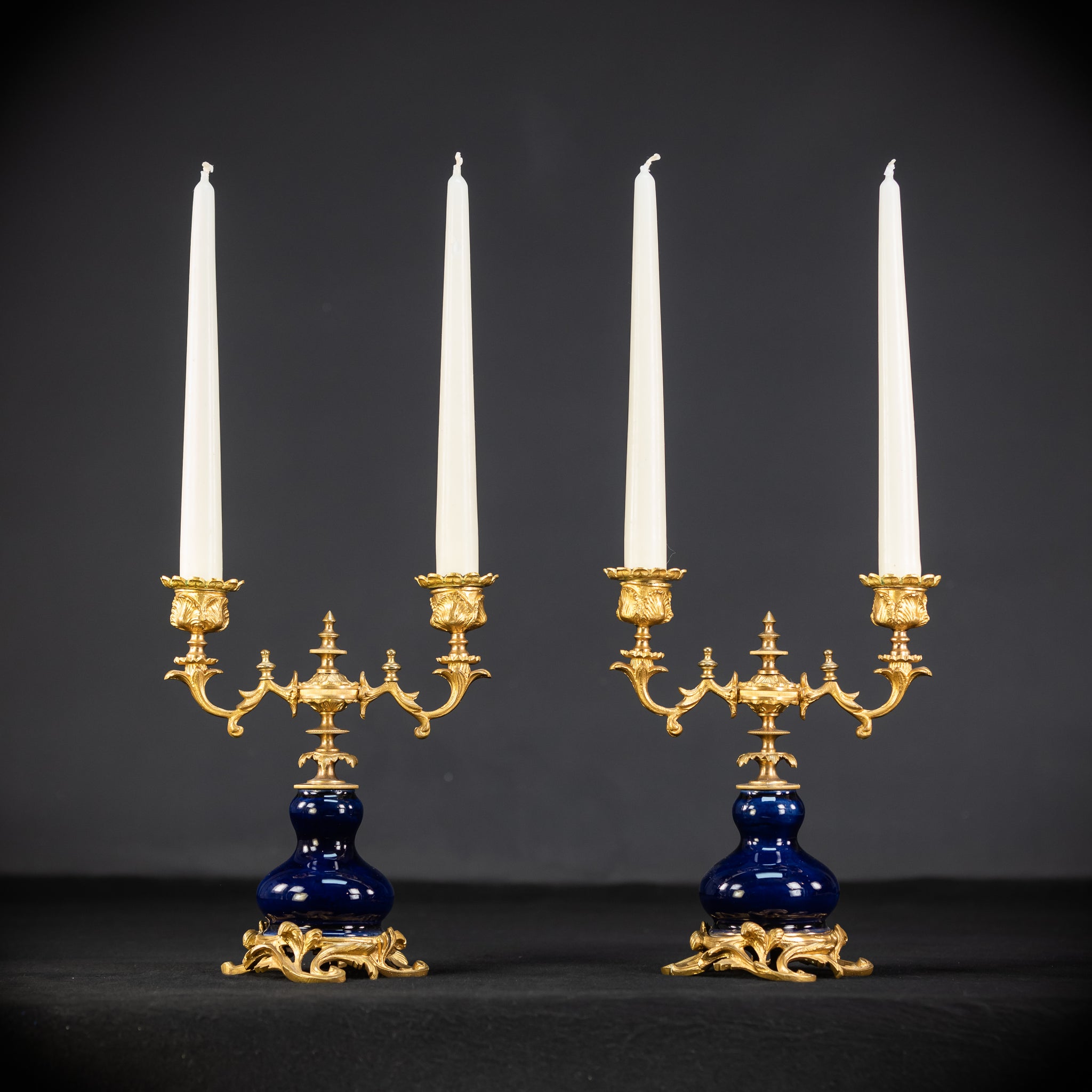 Candelabra Pair | Two Gilded Bronze and Porcelain | 8.7" / 22 cm