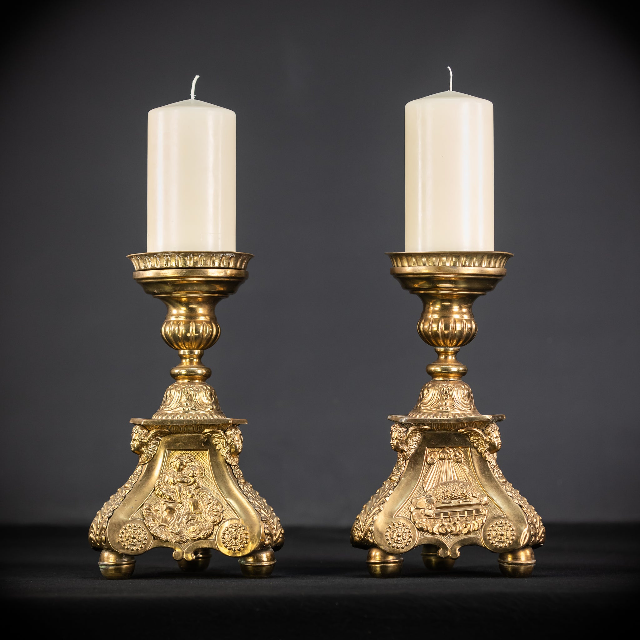 Pair of French Brass Candlesticks | 1700s Antique | 14.4"/ 28.5 cm