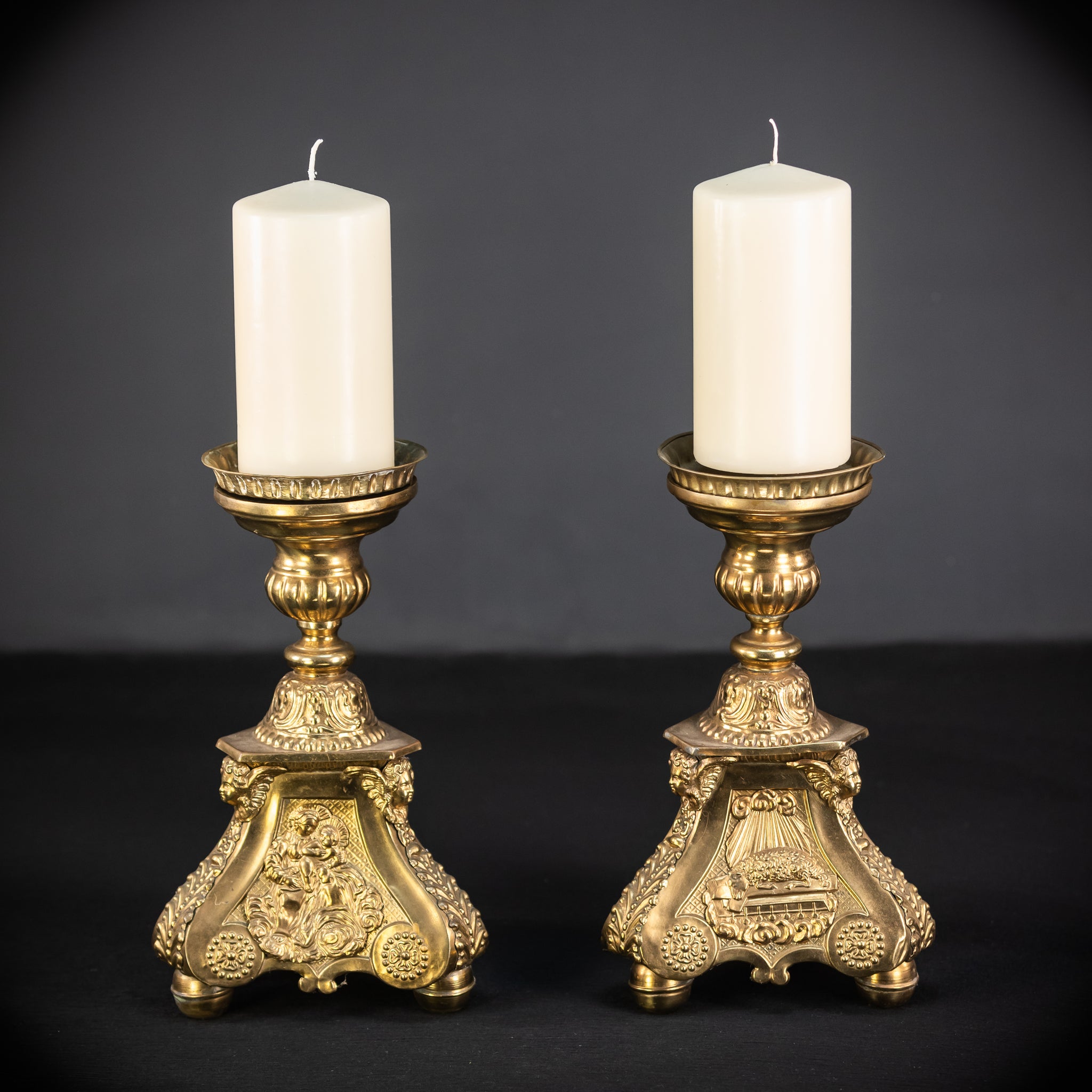 Pair of French Brass Candlesticks | 1700s Antique | 14.4"/ 28.5 cm