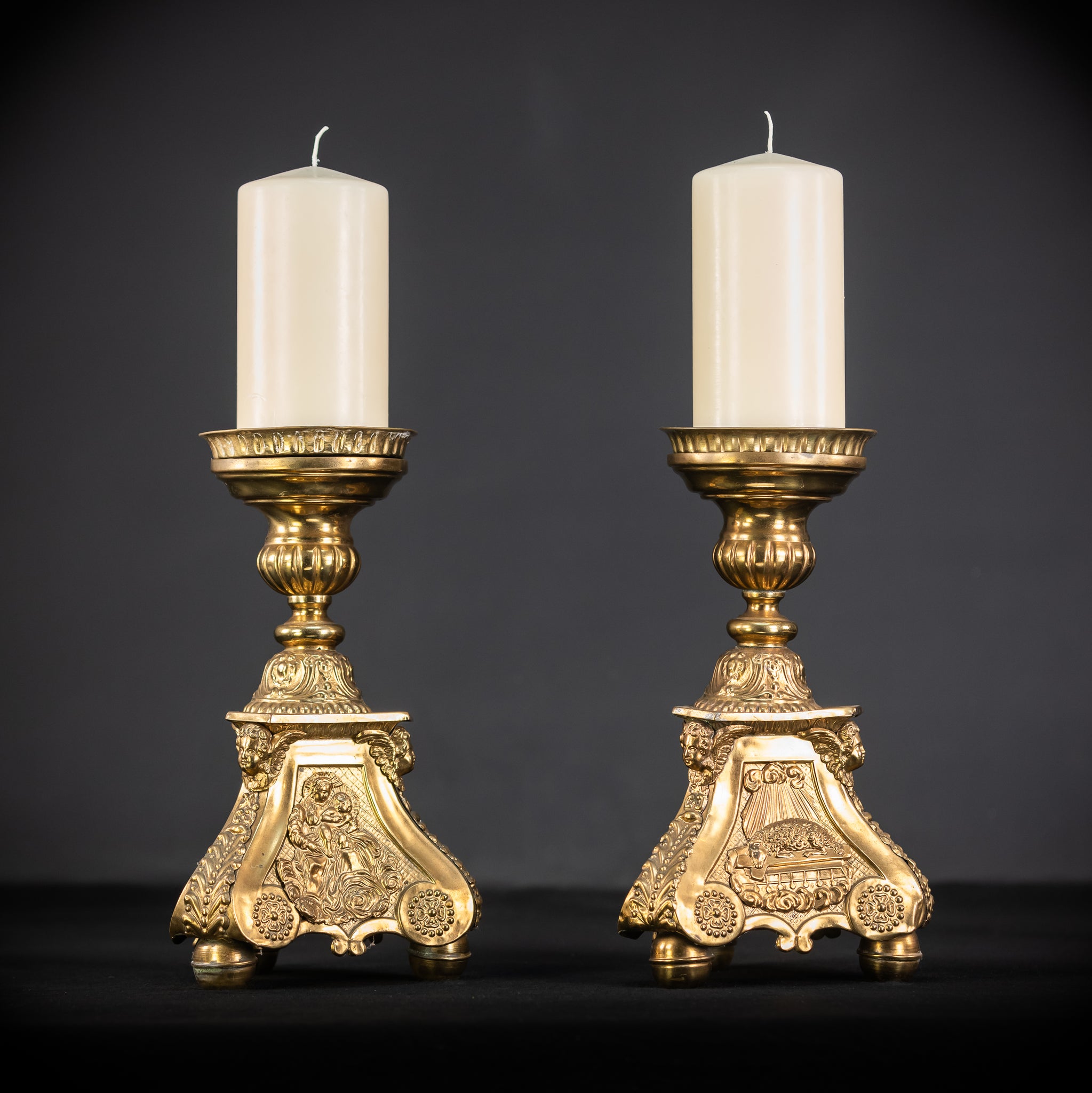 Pair of French Brass Candlesticks | 1700s Antique | 14.4"/ 28.5 cm