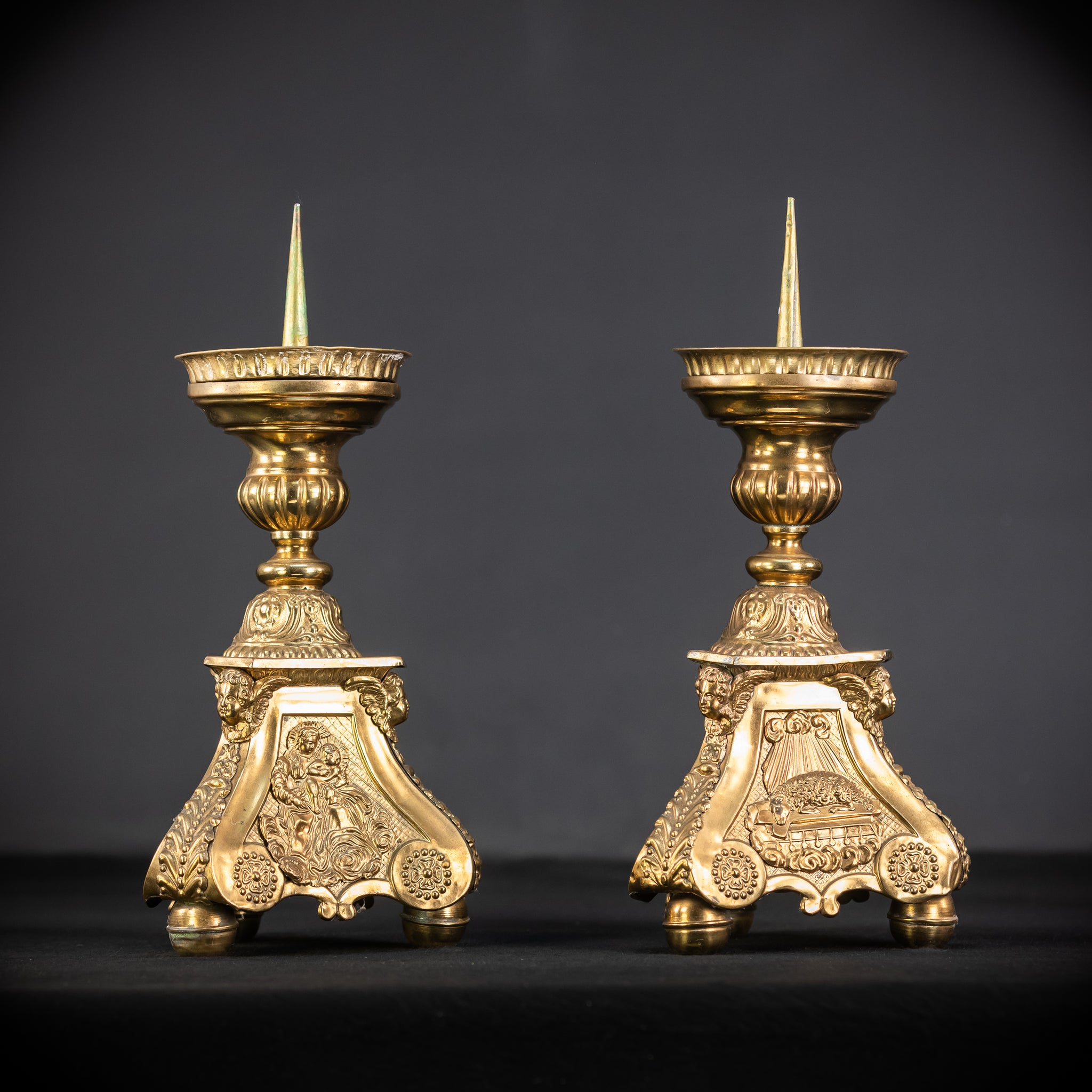 Pair of French Brass Candlesticks | 1700s Antique | 14.4"/ 28.5 cm
