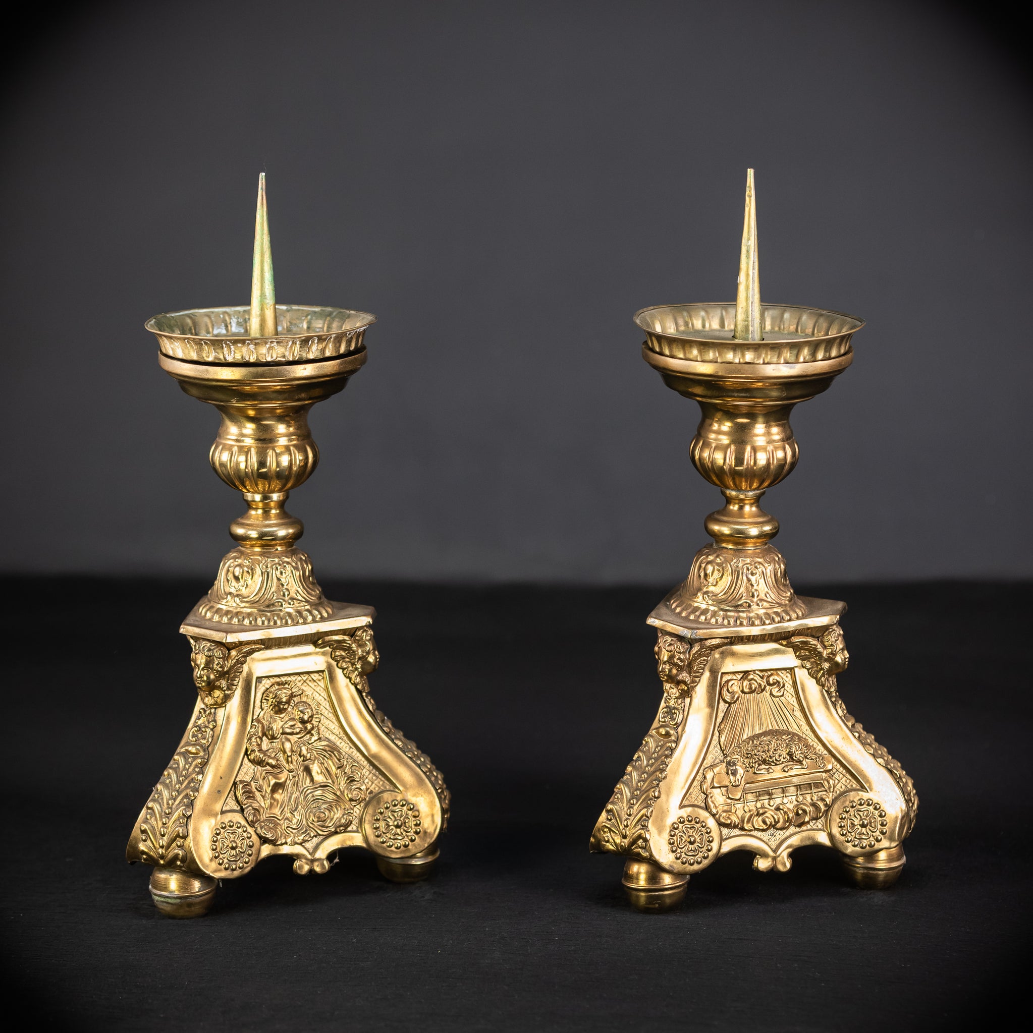 Pair of French Brass Candlesticks | 1700s Antique | 14.4"/ 28.5 cm