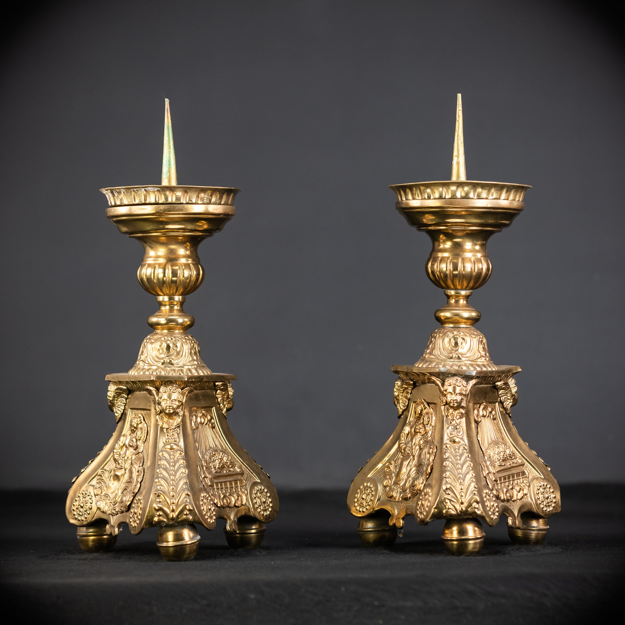 Pair of French Brass Candlesticks | 1700s Antique | 14.4"/ 28.5 cm