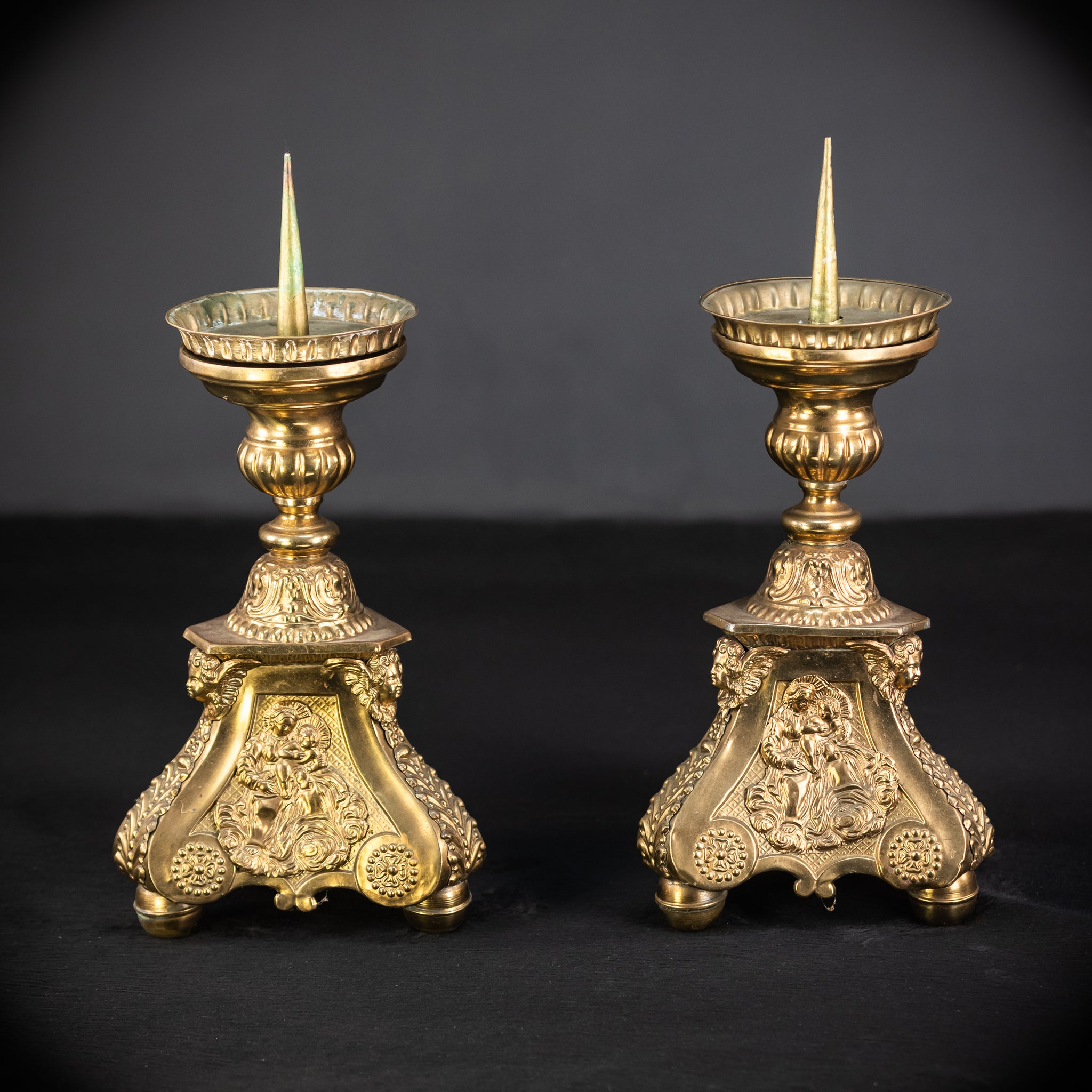 Pair of French Brass Candlesticks | 1700s Antique | 14.4"/ 28.5 cm