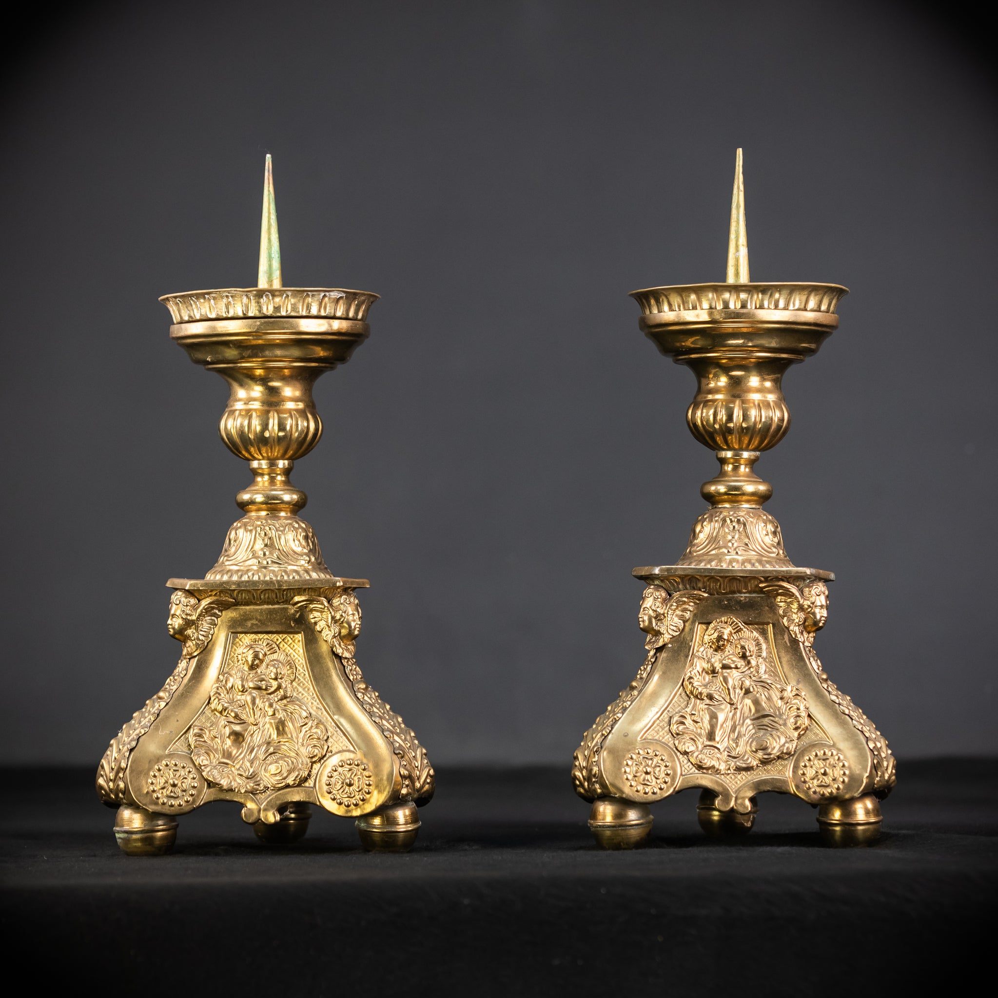 Pair of French Brass Candlesticks | 1700s Antique | 14.4"/ 28.5 cm