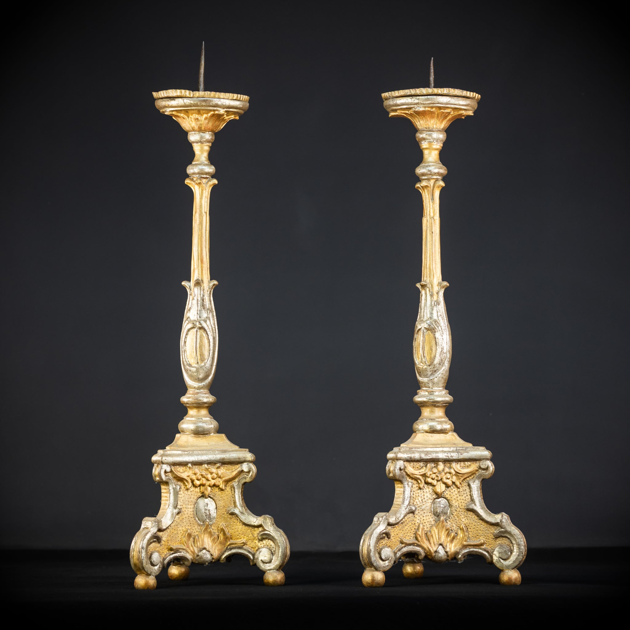 Pair of French Baroque Candlesticks | Gilded Wood 1700s Antique | 32.3" / 72 cm