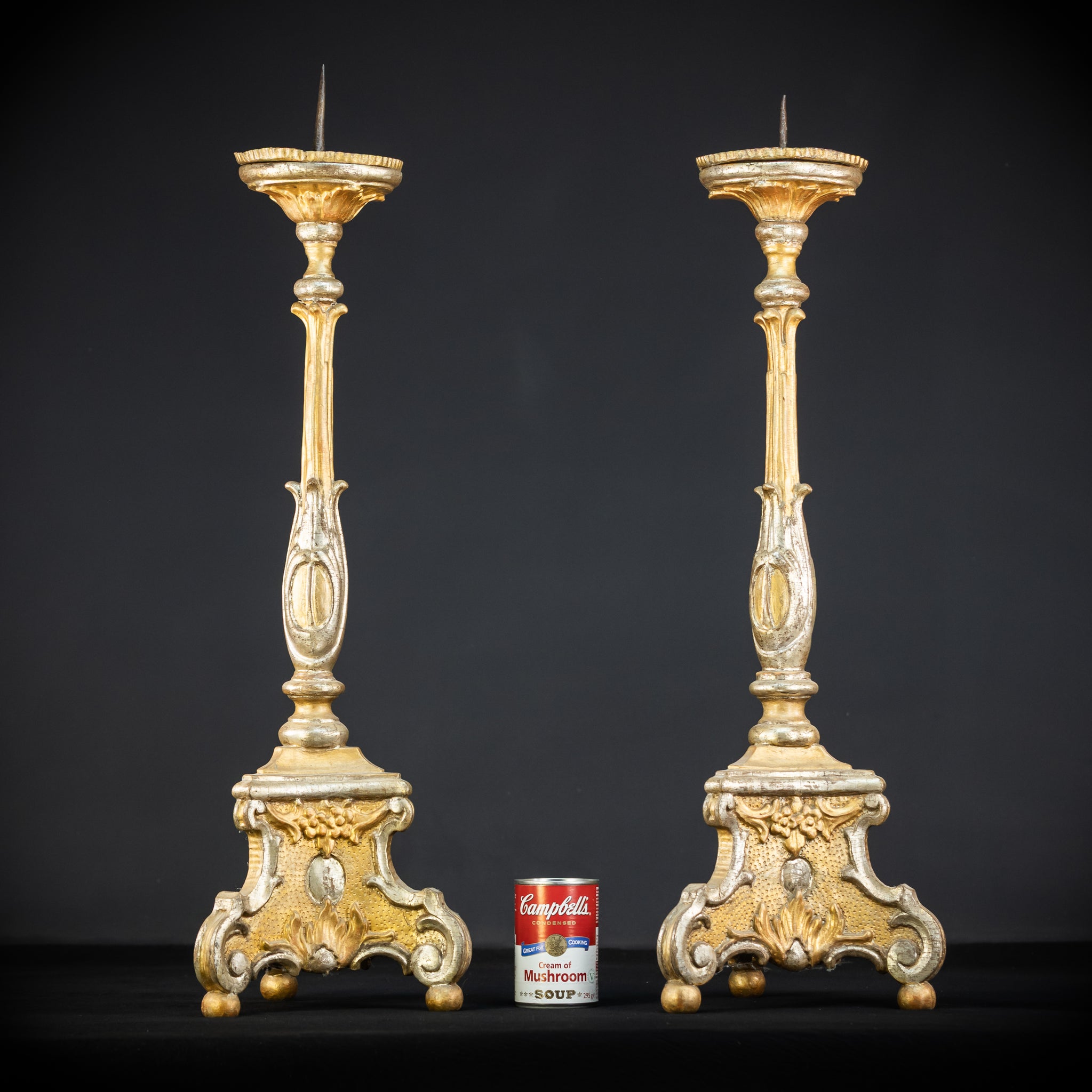 Pair of French Baroque Candlesticks | Gilded Wood 1700s Antique | 32.3" / 72 cm