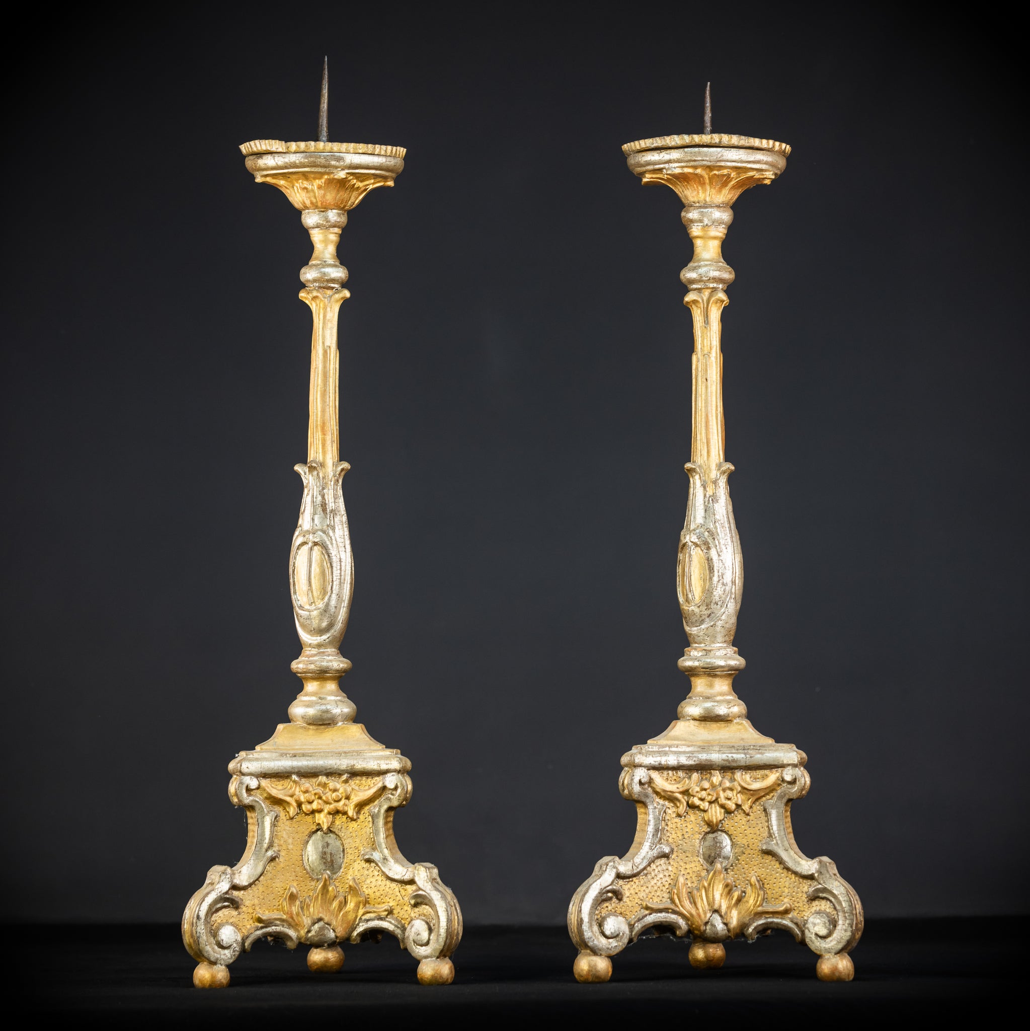 Pair of French Baroque Candlesticks | Gilded Wood 1700s Antique | 32.3" / 72 cm