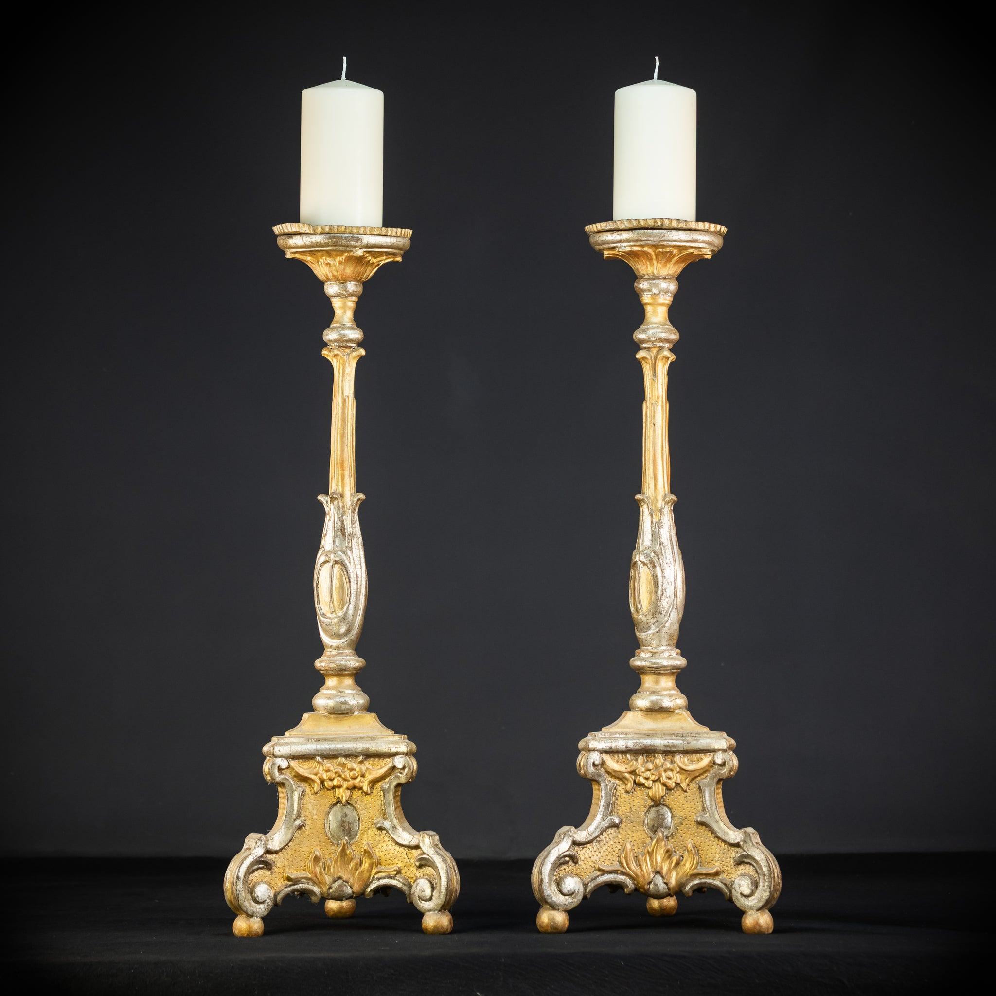 Pair of French Baroque Candlesticks | Gilded Wood 1700s Antique | 32.3" / 72 cm