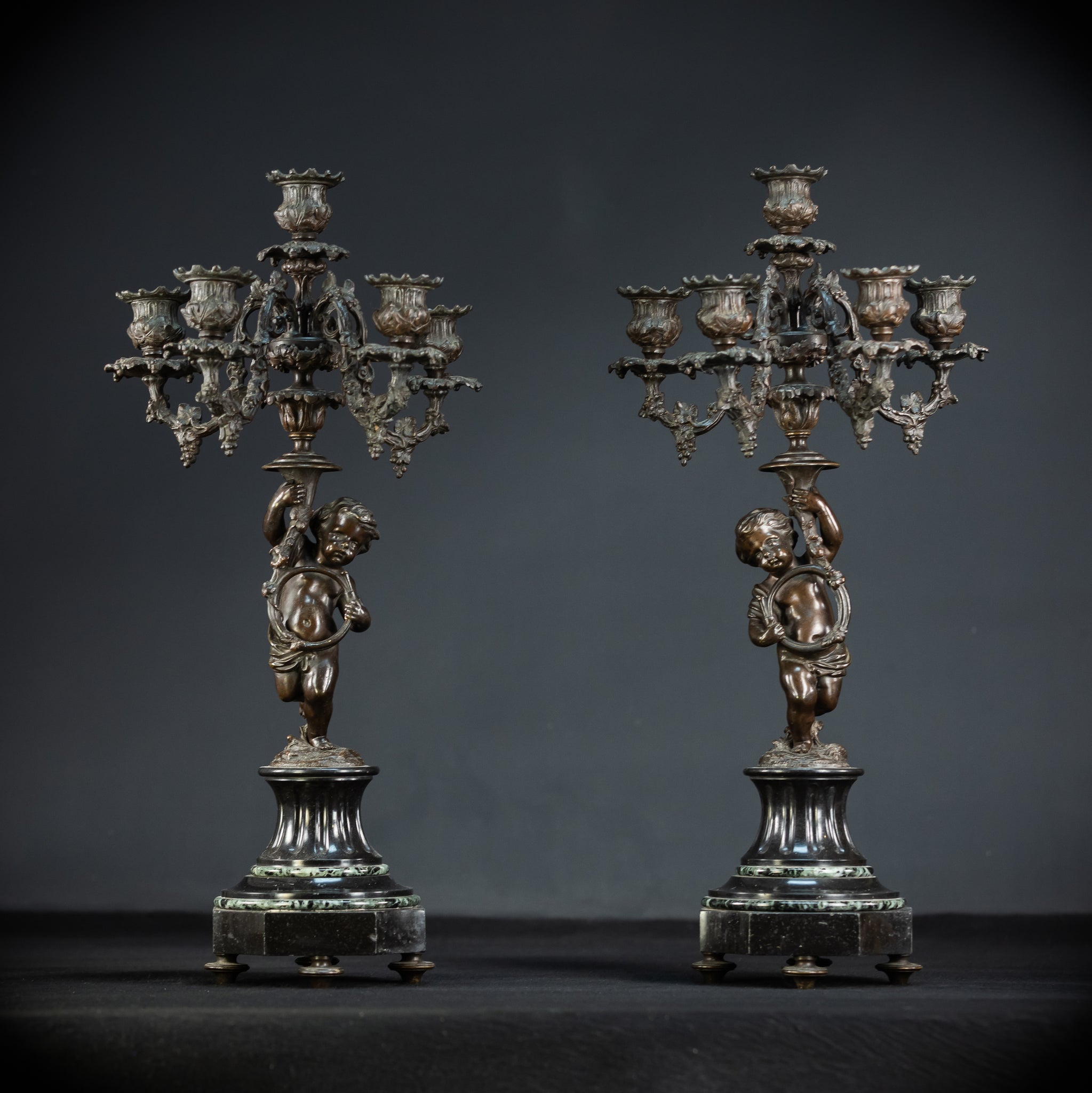 Pair of Candelabras | mid 1800s Bronze Antique | 19.5" / 49.5 cm