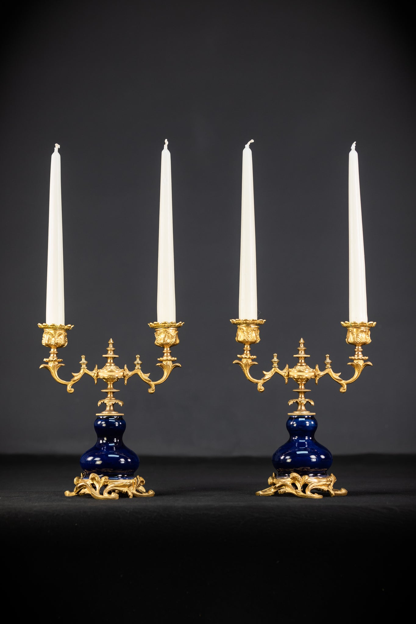 Candelabra Pair | Two Gilded Bronze and Porcelain | 8.7" / 22 cm