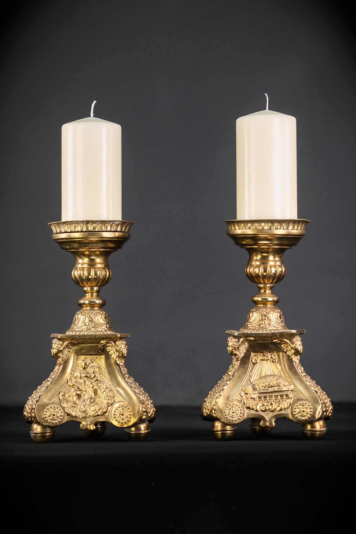 Pair of French Brass Candlesticks | 1700s Antique | 14.4"/ 28.5 cm