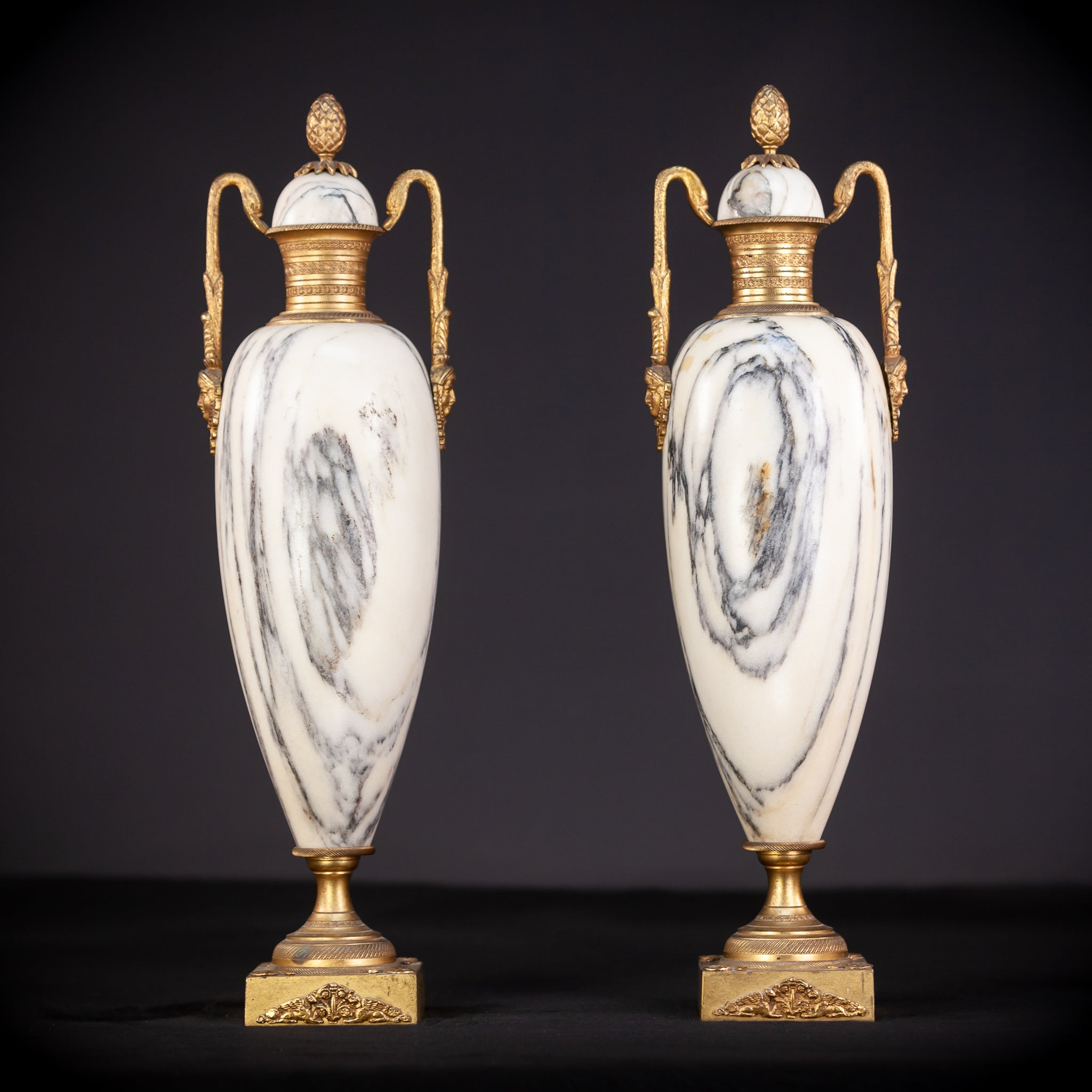 Pair of Urns | White Marble and Gilt Bronze 18.1"