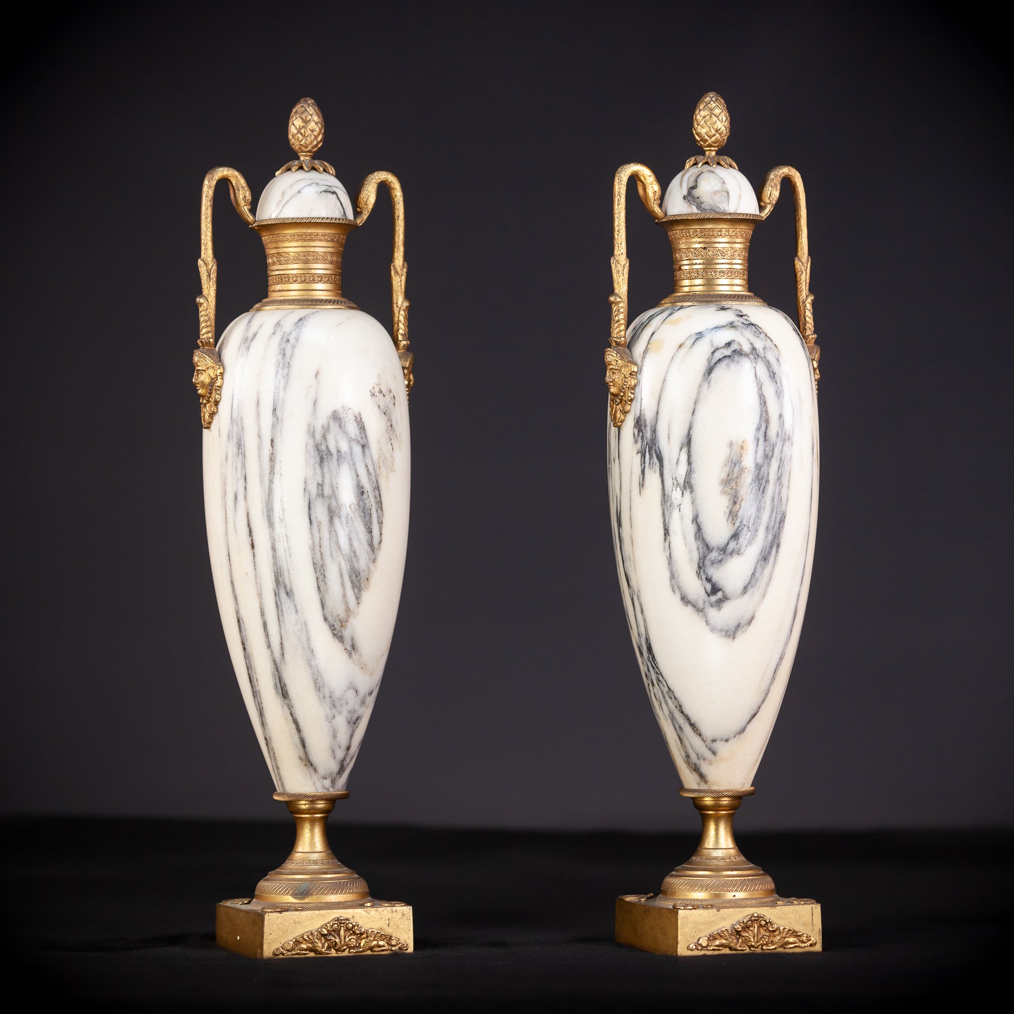 Pair of White Marble and Gilt Bronze Urns / Cassolettes | 1800s Antique | 14.2" / 46 cm