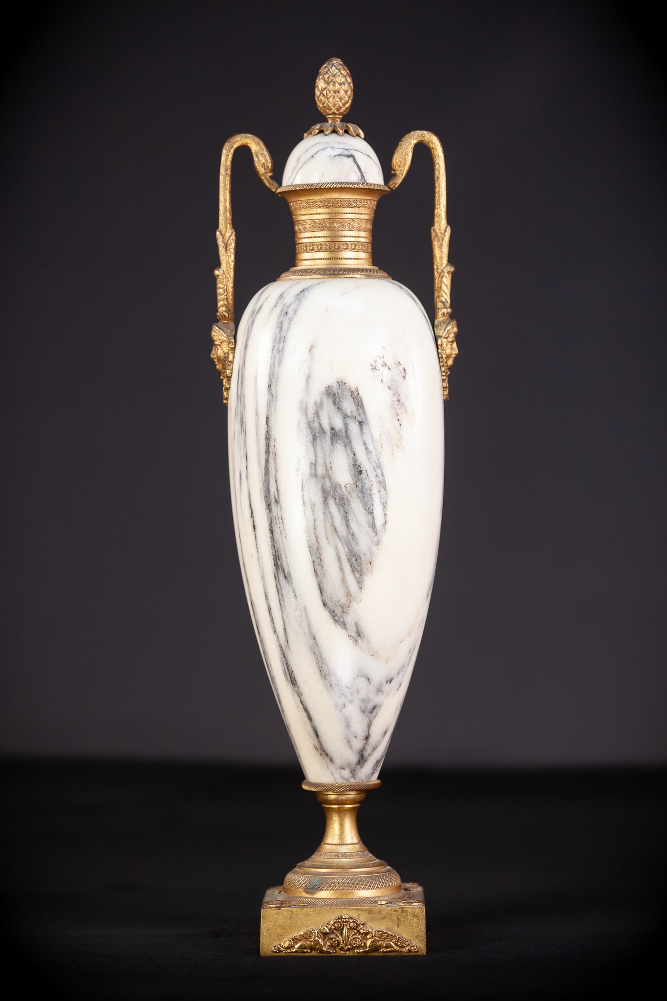 Pair of White Marble and Gilt Bronze Urns / Cassolettes | 1800s Antique | 14.2" / 46 cm