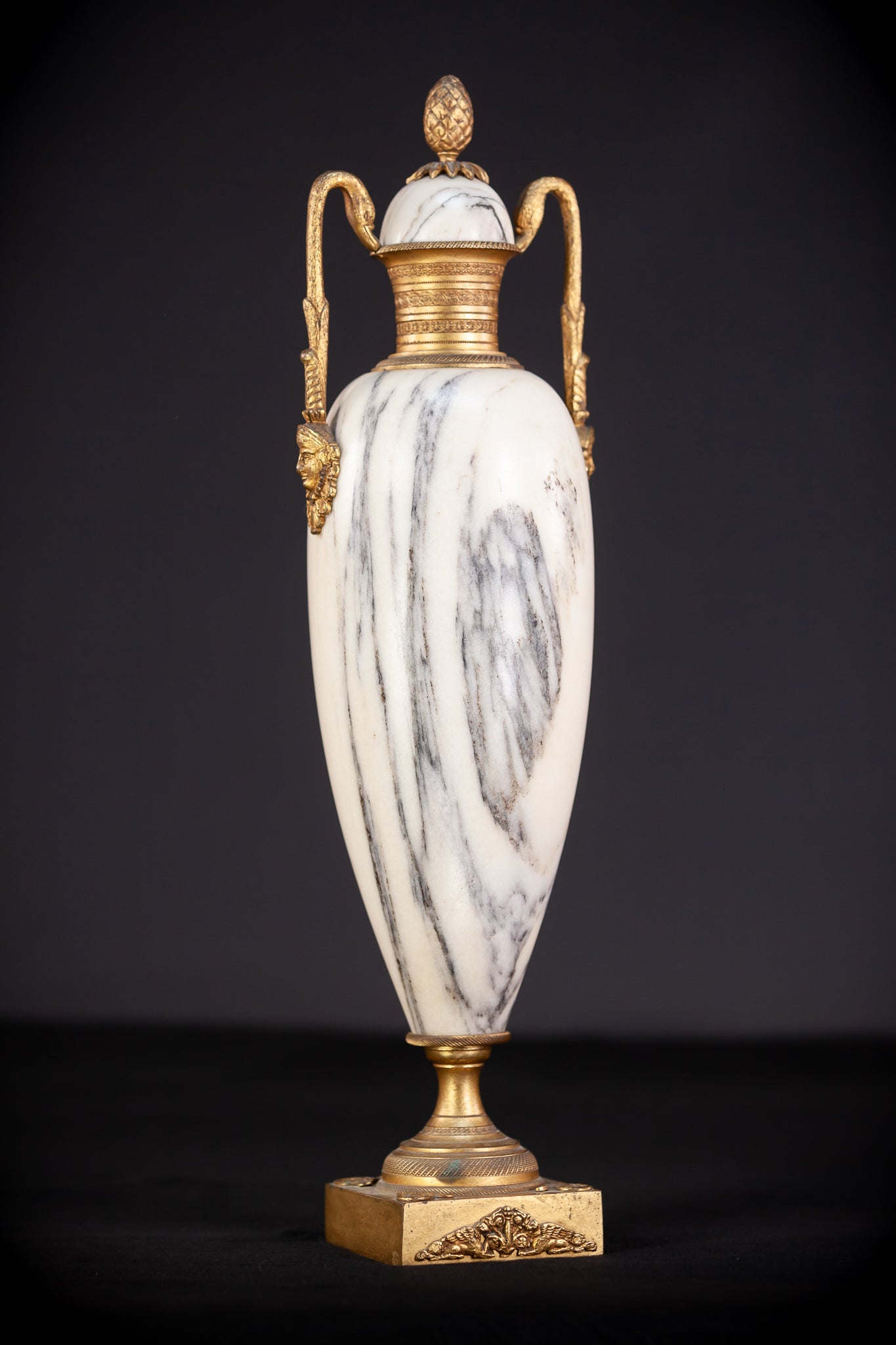 Pair of White Marble and Gilt Bronze Urns / Cassolettes | 1800s Antique | 14.2" / 46 cm
