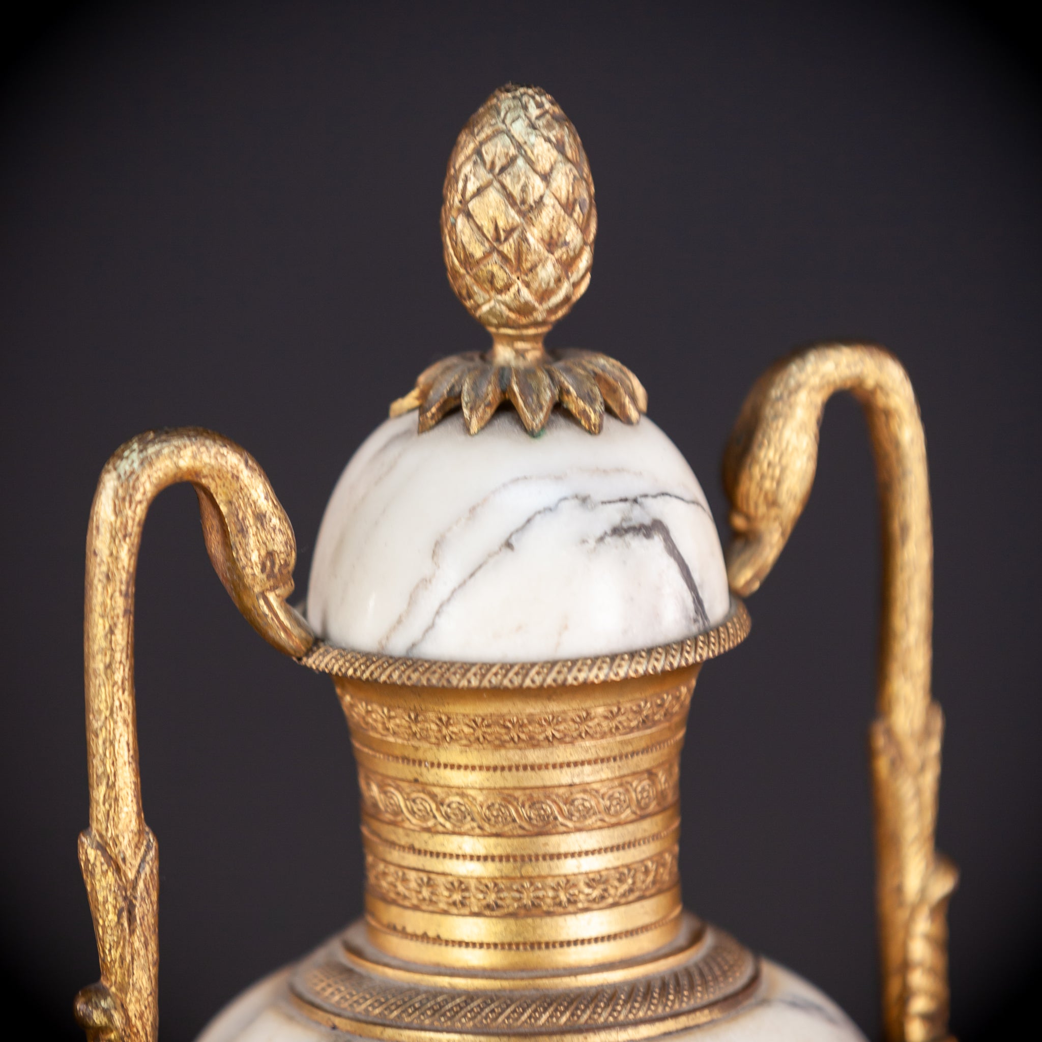 Pair of White Marble and Gilt Bronze Urns / Cassolettes | 1800s Antique | 14.2" / 46 cm
