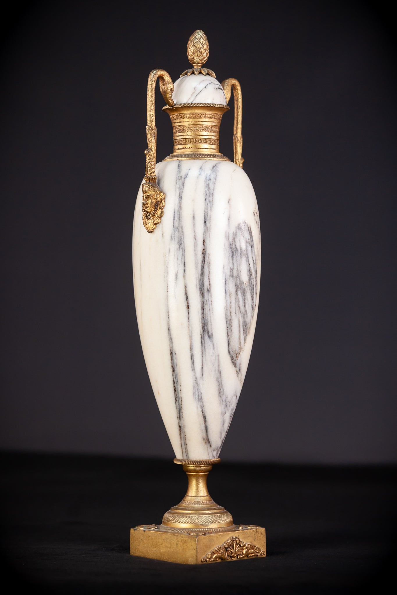Pair of White Marble and Gilt Bronze Urns / Cassolettes | 1800s Antique | 14.2" / 46 cm