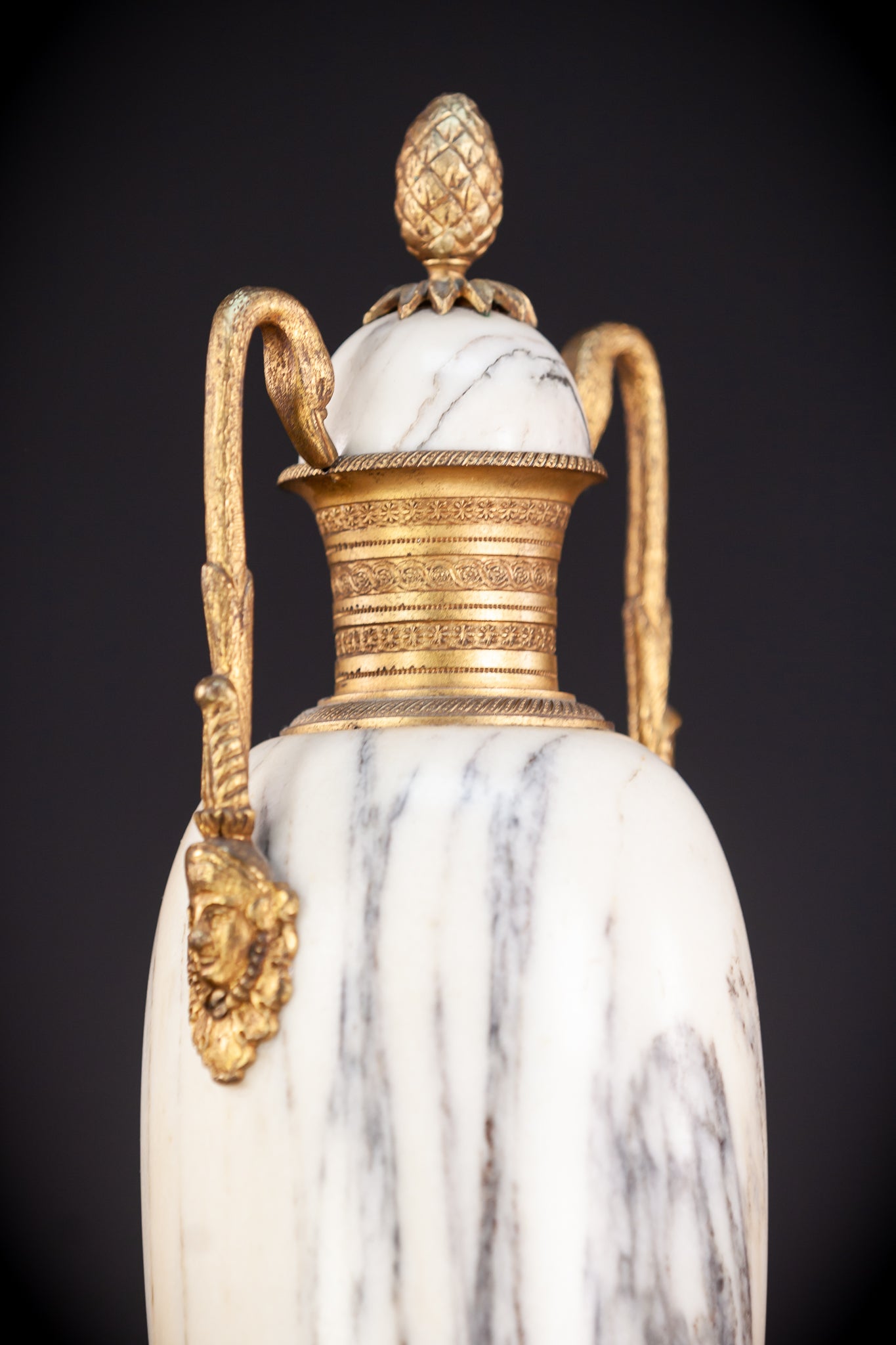 Pair of White Marble and Gilt Bronze Urns / Cassolettes | 1800s Antique | 14.2" / 46 cm