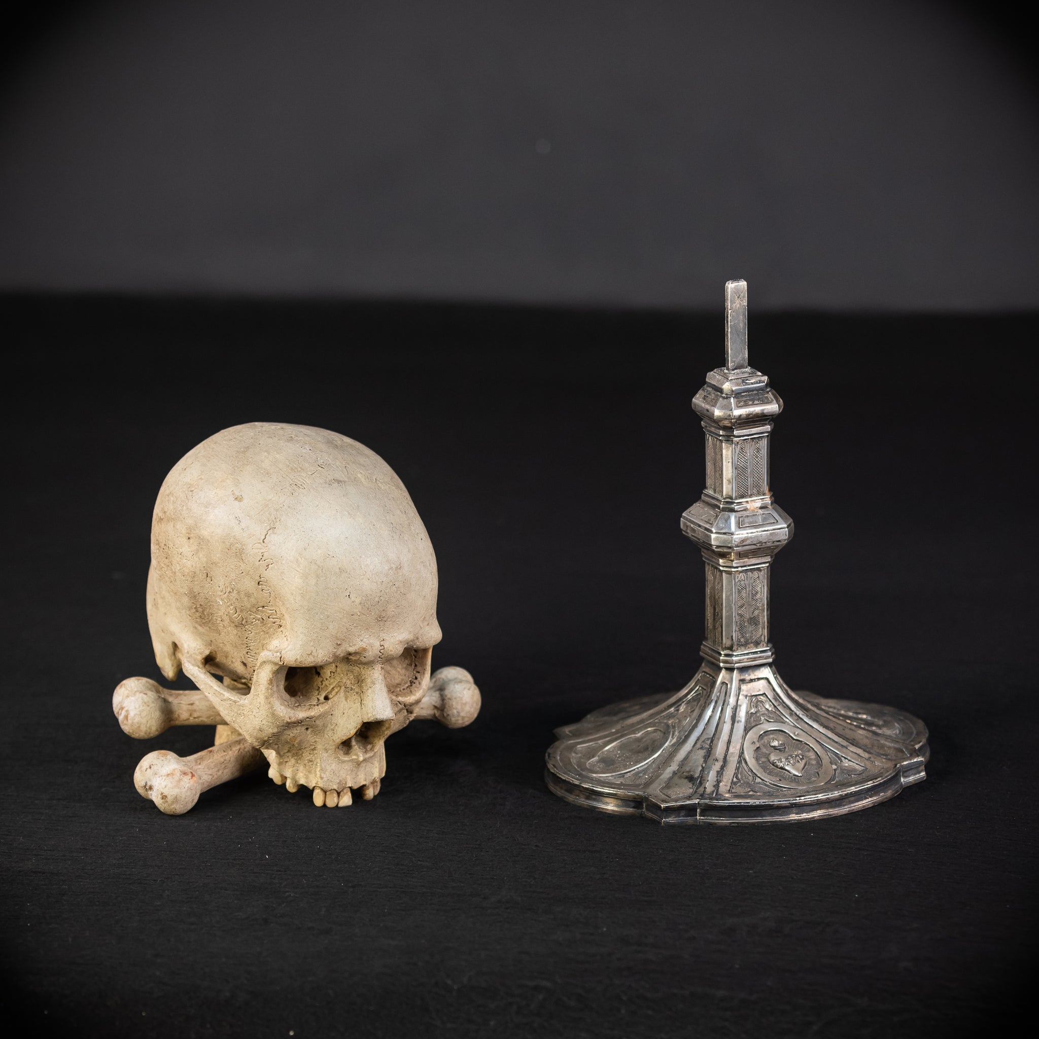 Memento Mori Wood Carving & Silver | French 1700s Antique 12.6"