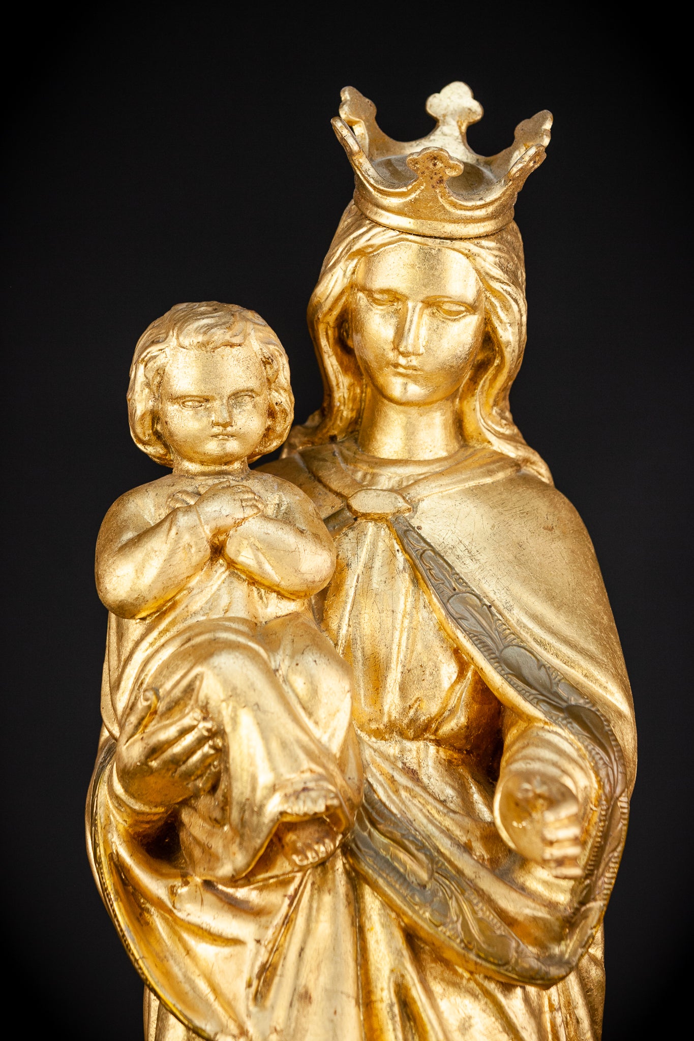 Virgin Mary with Child Jesus Gilded Wooden Sculpture | 1800s Antique | 27.2”/ 69 cm