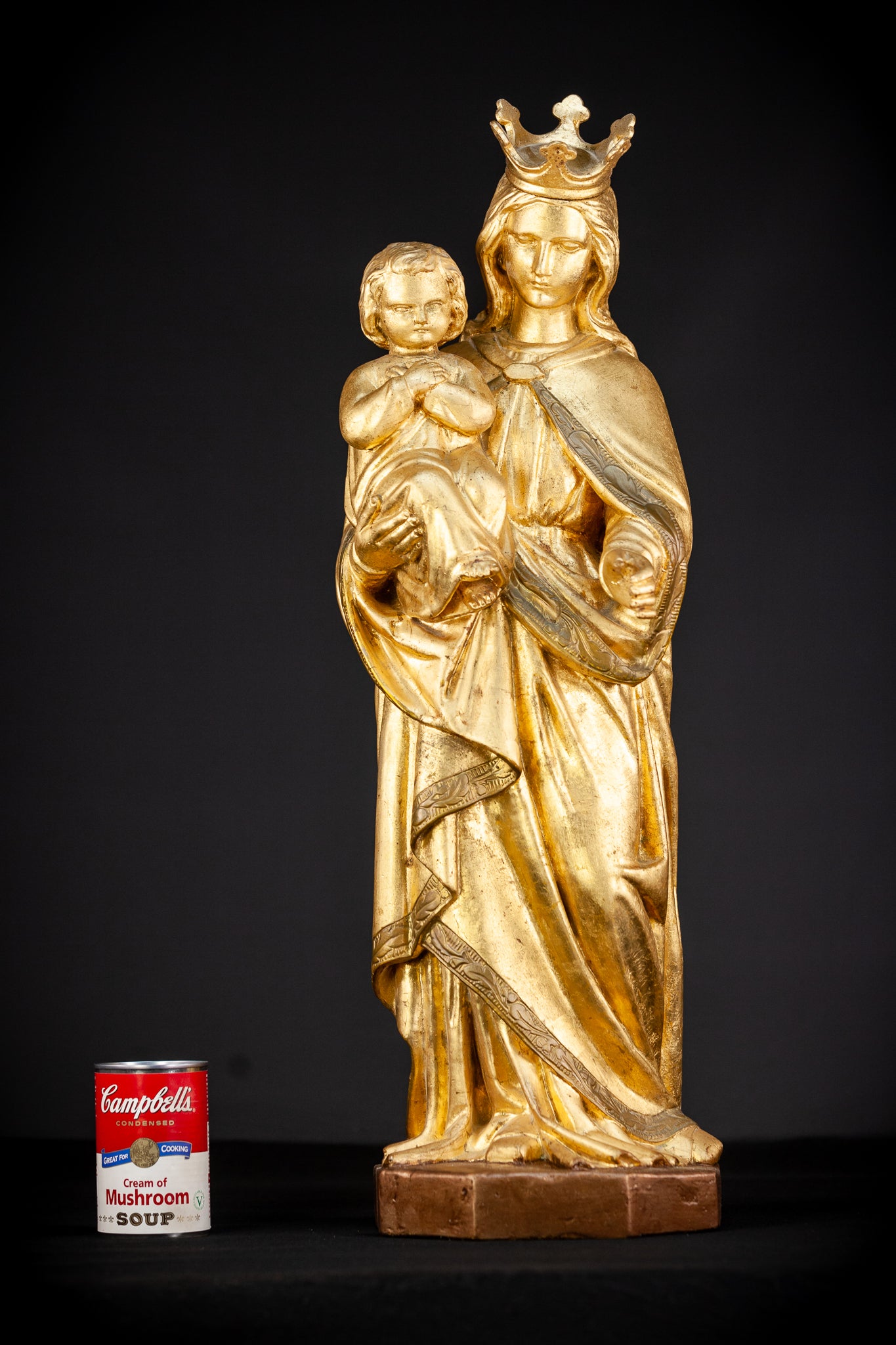 Virgin Mary with Child Jesus Gilded Wooden Sculpture | 1800s Antique | 27.2”/ 69 cm