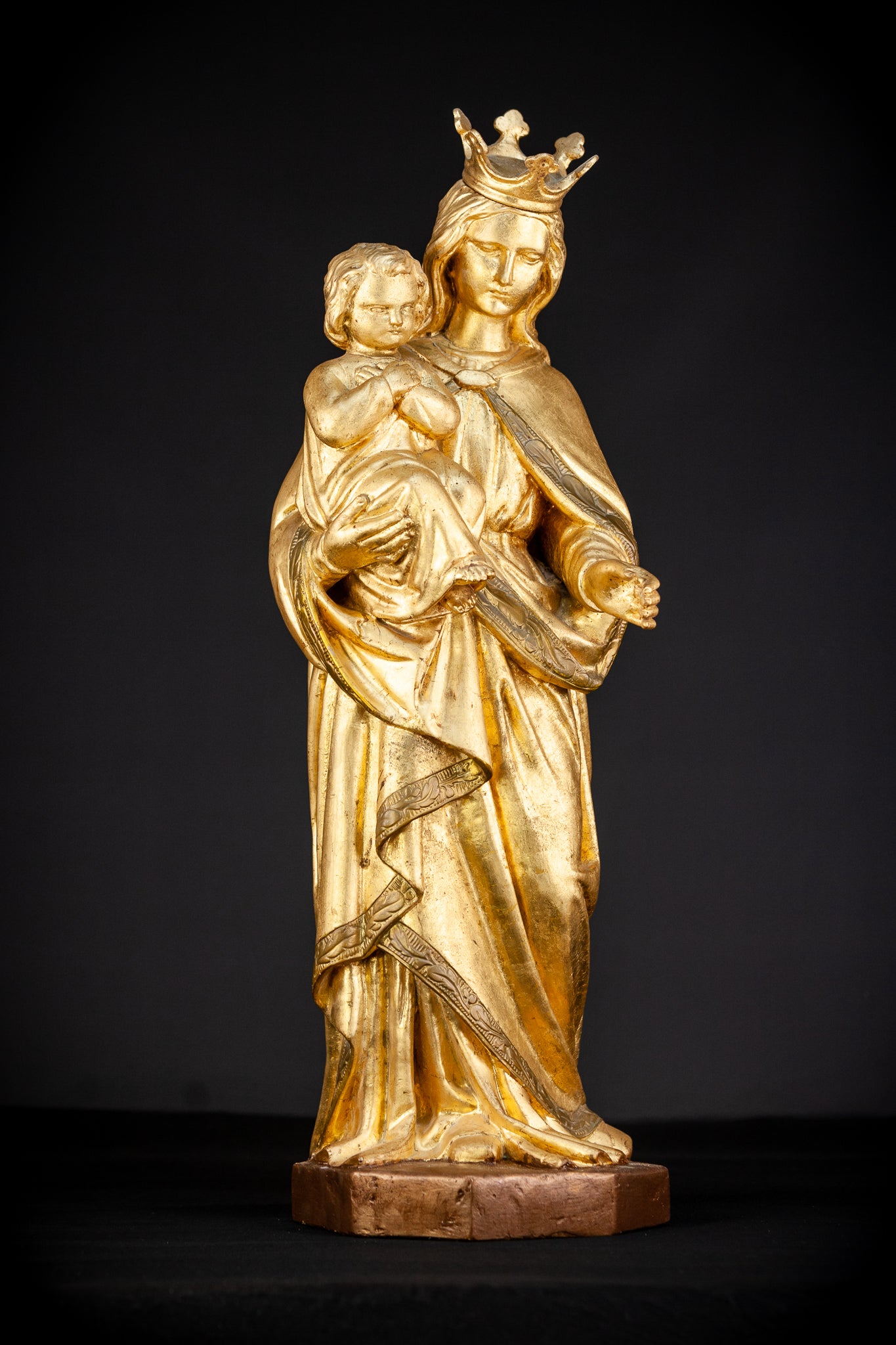 Virgin Mary with Child Jesus Gilded Wooden Sculpture | 1800s Antique | 27.2”/ 69 cm