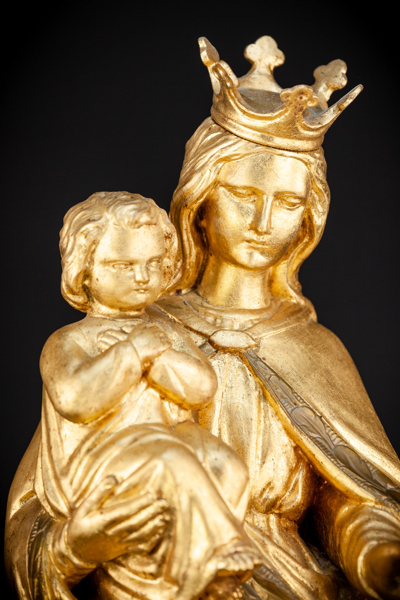 Virgin Mary with Child Jesus Gilded Wooden Sculpture | 1800s Antique | 27.2”/ 69 cm
