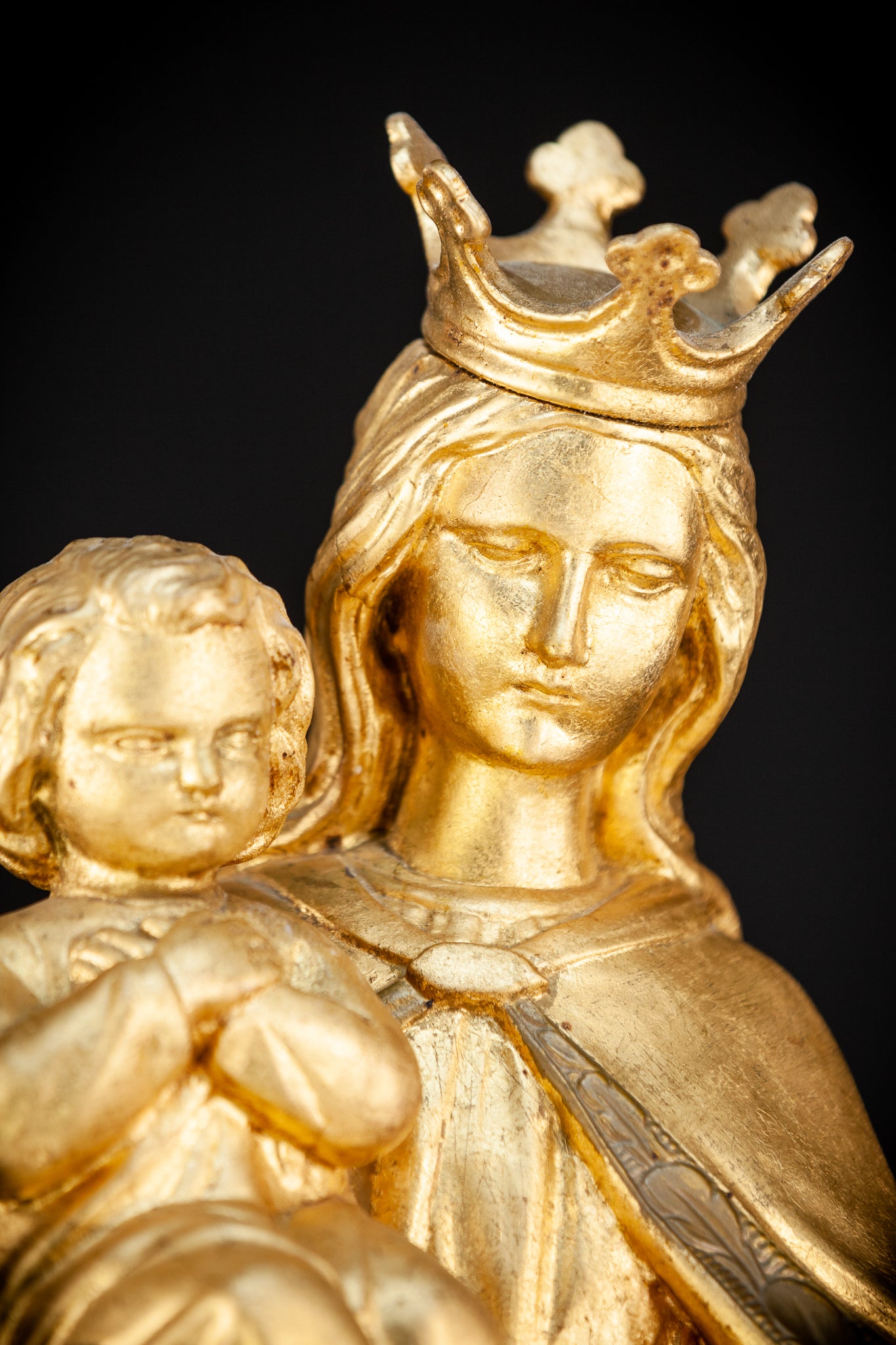 Virgin Mary with Child Jesus Gilded Wooden Sculpture | 1800s Antique | 27.2”/ 69 cm