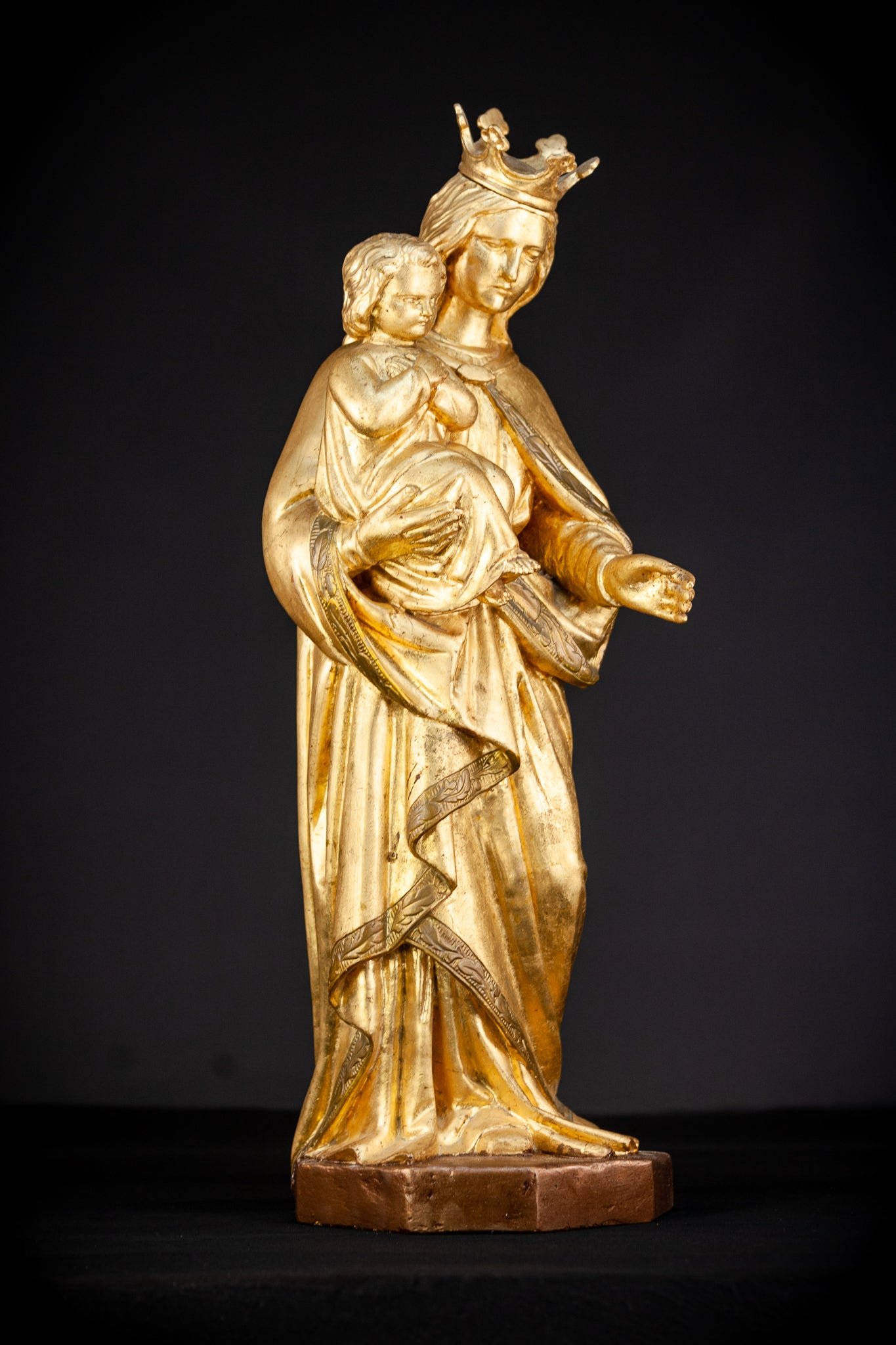 Virgin Mary with Child Jesus Gilded Wooden Sculpture | 1800s Antique | 27.2”/ 69 cm