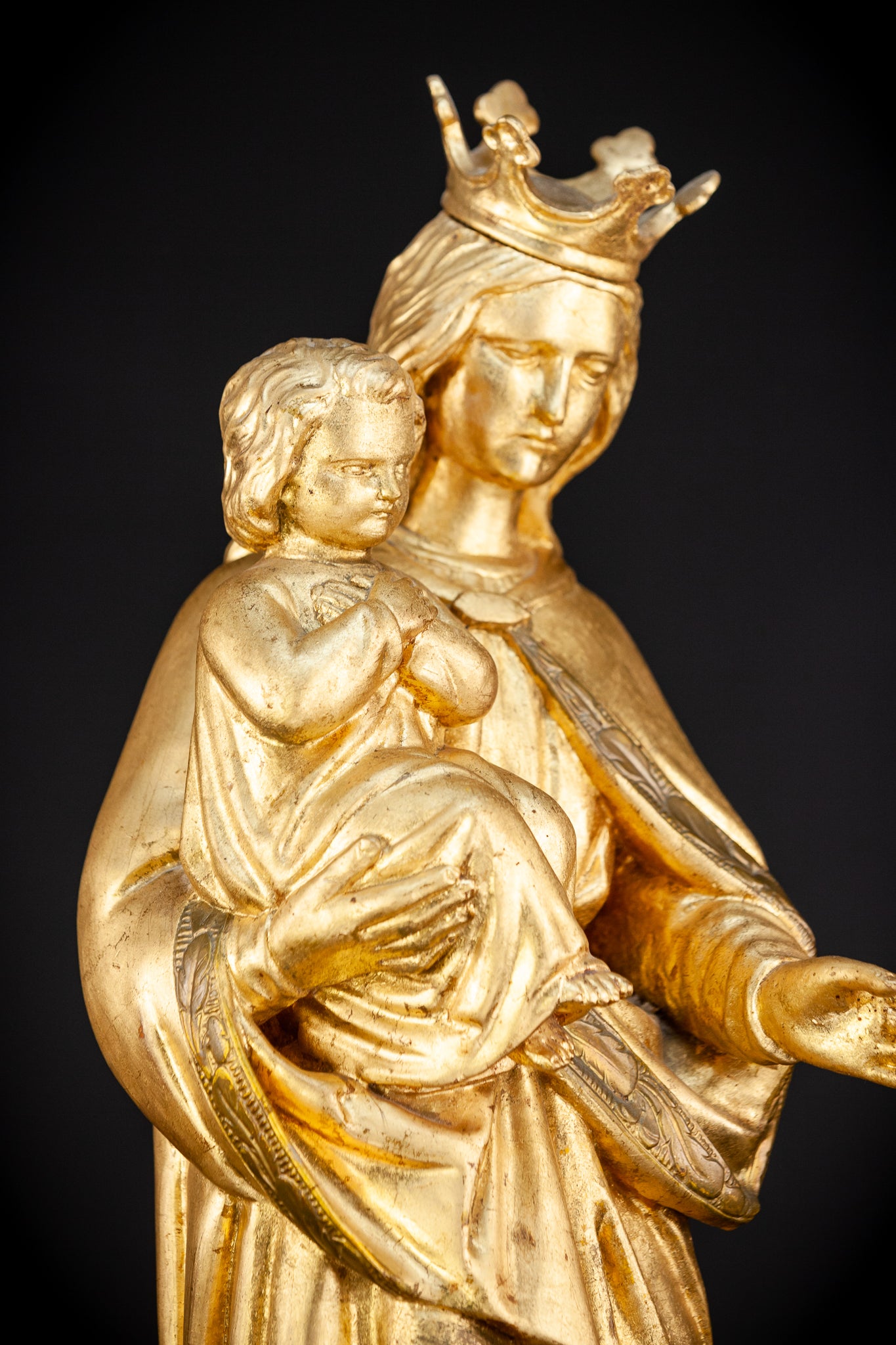 Virgin Mary with Child Jesus Gilded Wooden Sculpture | 1800s Antique | 27.2”/ 69 cm