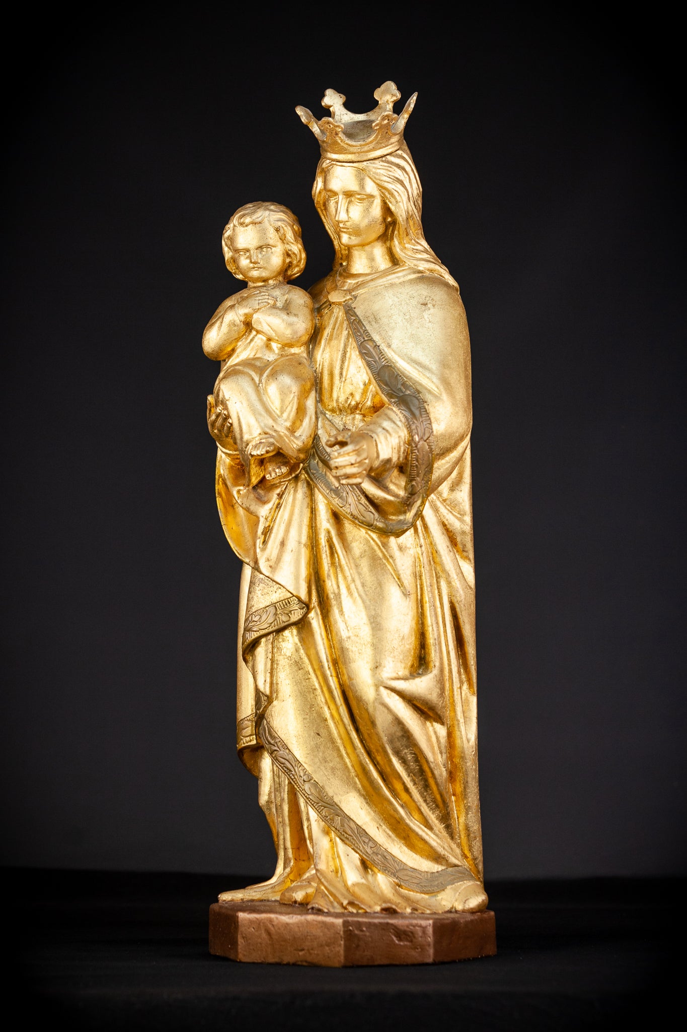 Virgin Mary with Child Jesus Gilded Wooden Sculpture | 1800s Antique | 27.2”/ 69 cm