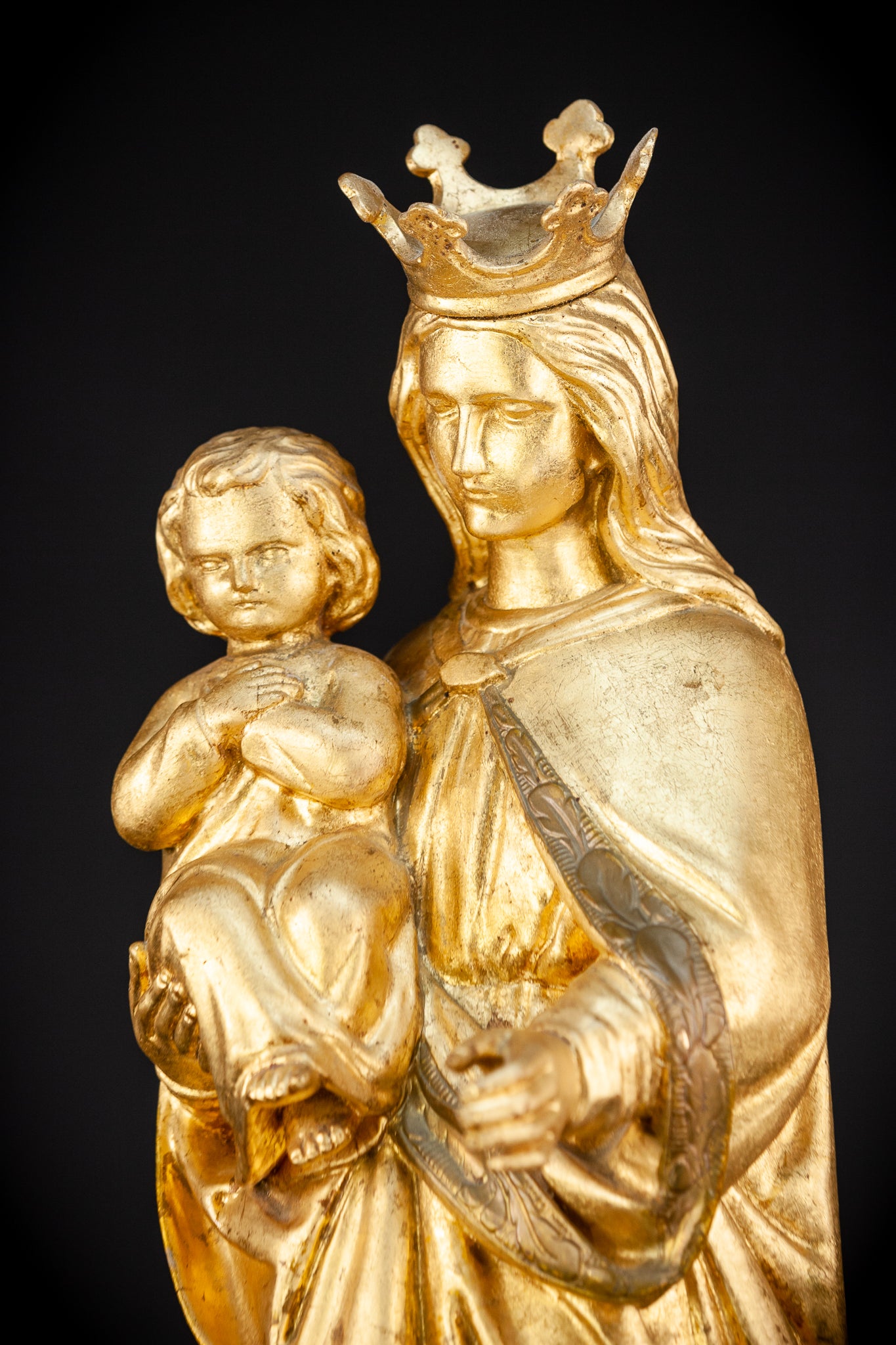 Virgin Mary with Child Jesus Gilded Wooden Sculpture | 1800s Antique | 27.2”/ 69 cm
