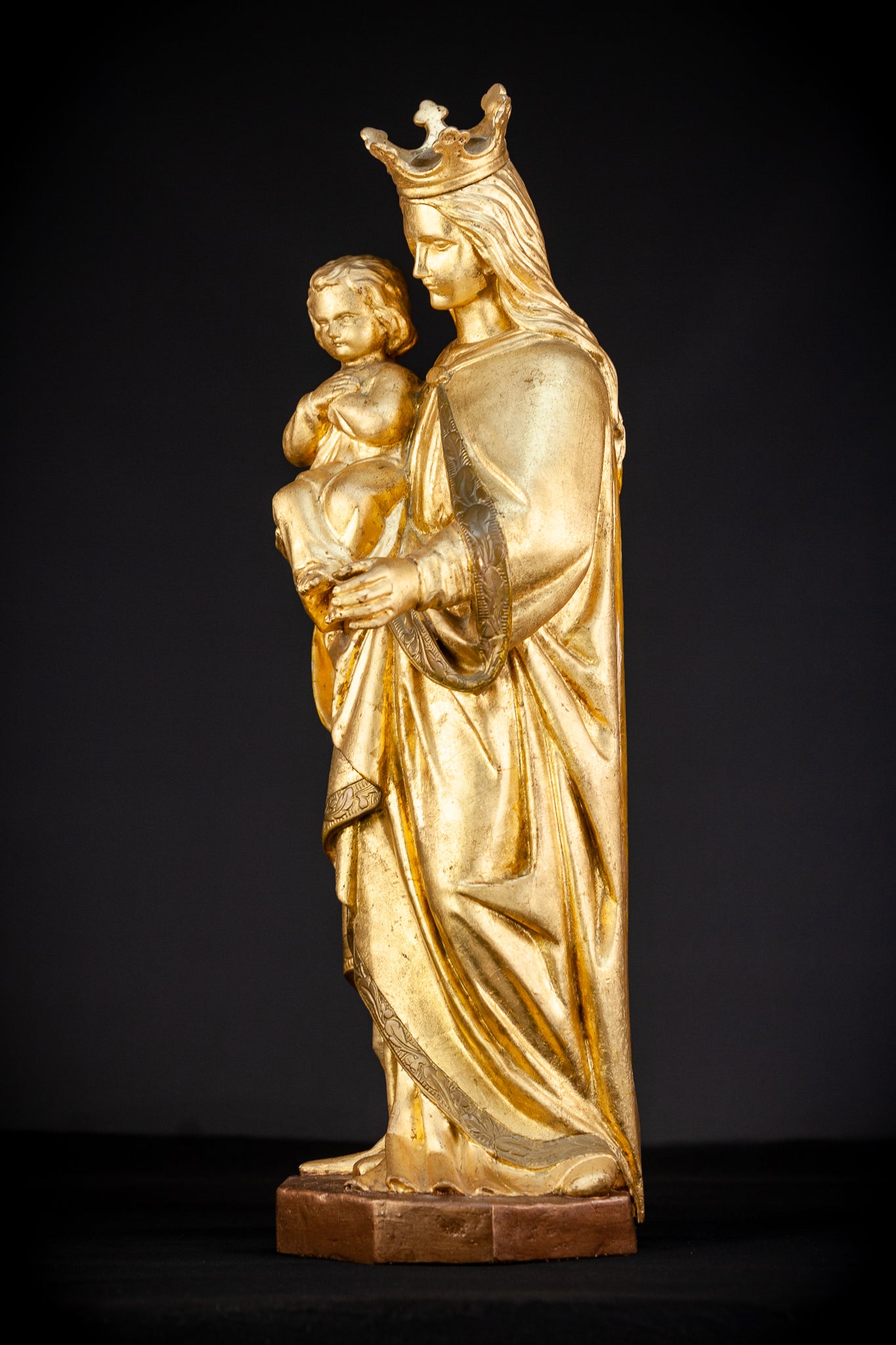 Virgin Mary with Child Jesus Gilded Wooden Sculpture | 1800s Antique | 27.2”/ 69 cm