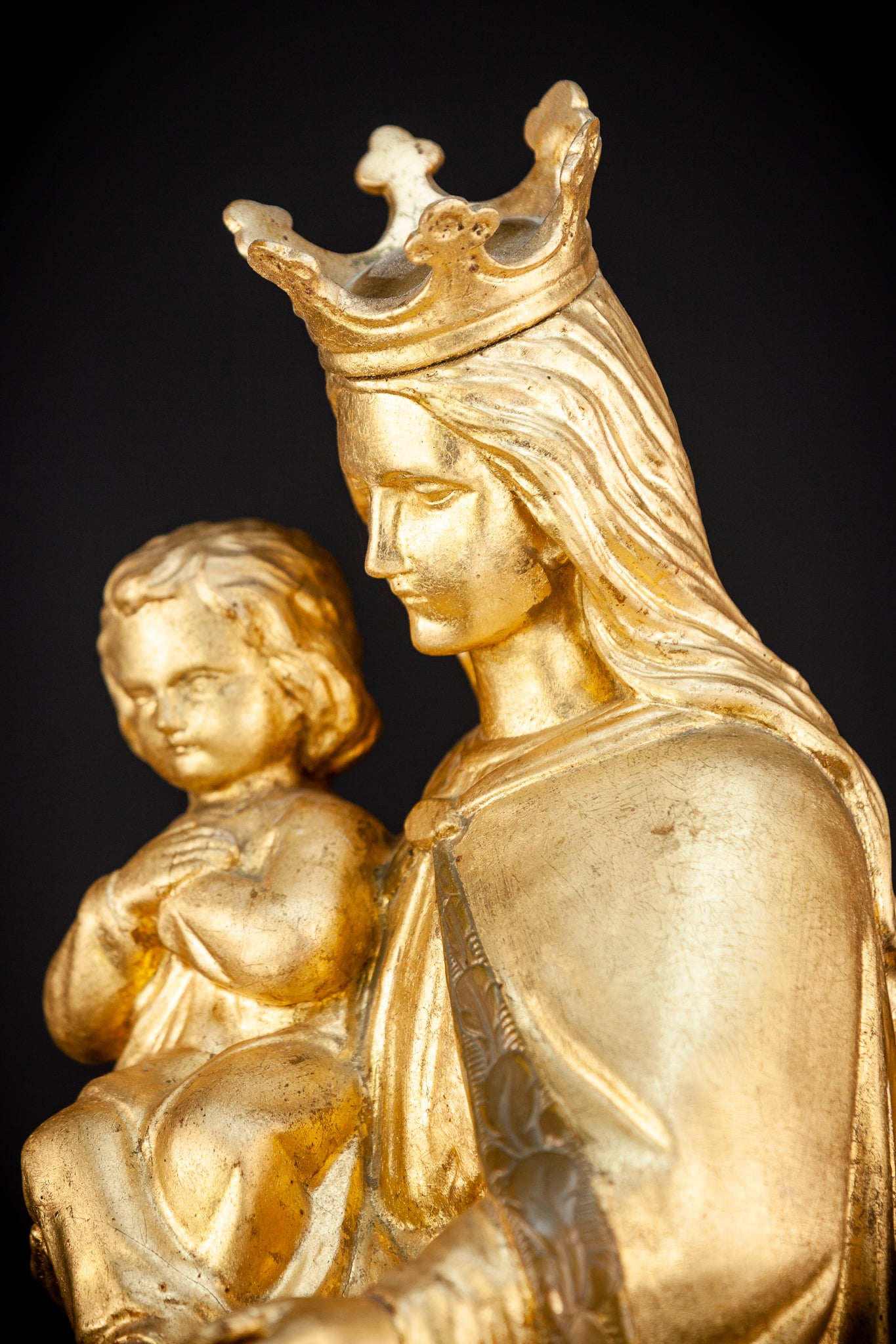 Virgin Mary with Child Jesus Gilded Wooden Sculpture | 1800s Antique | 27.2”/ 69 cm