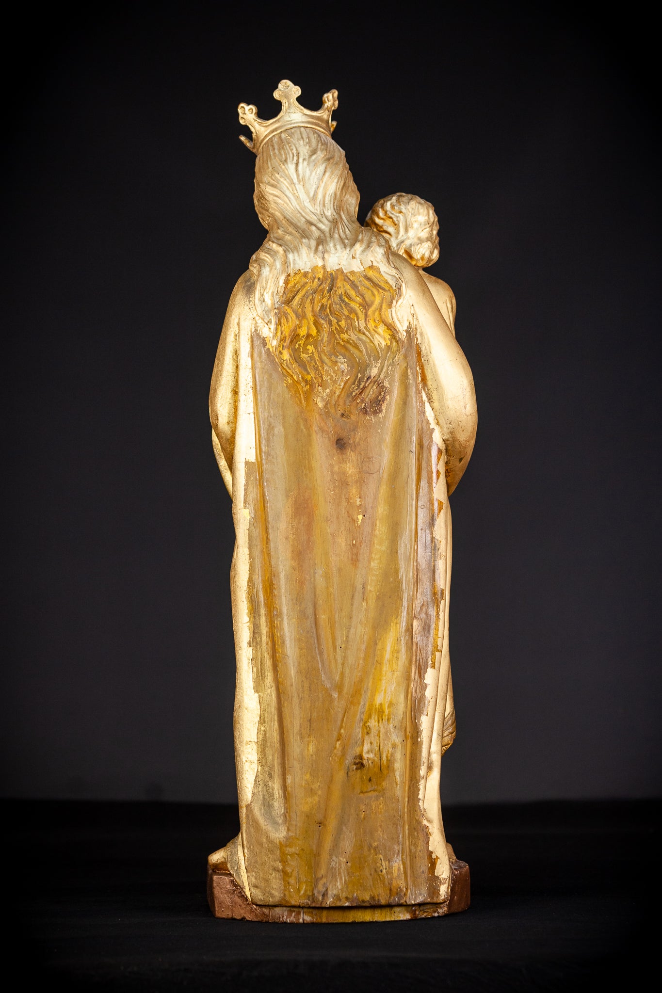 Virgin Mary with Child Jesus Gilded Wooden Sculpture | 1800s Antique | 27.2”/ 69 cm