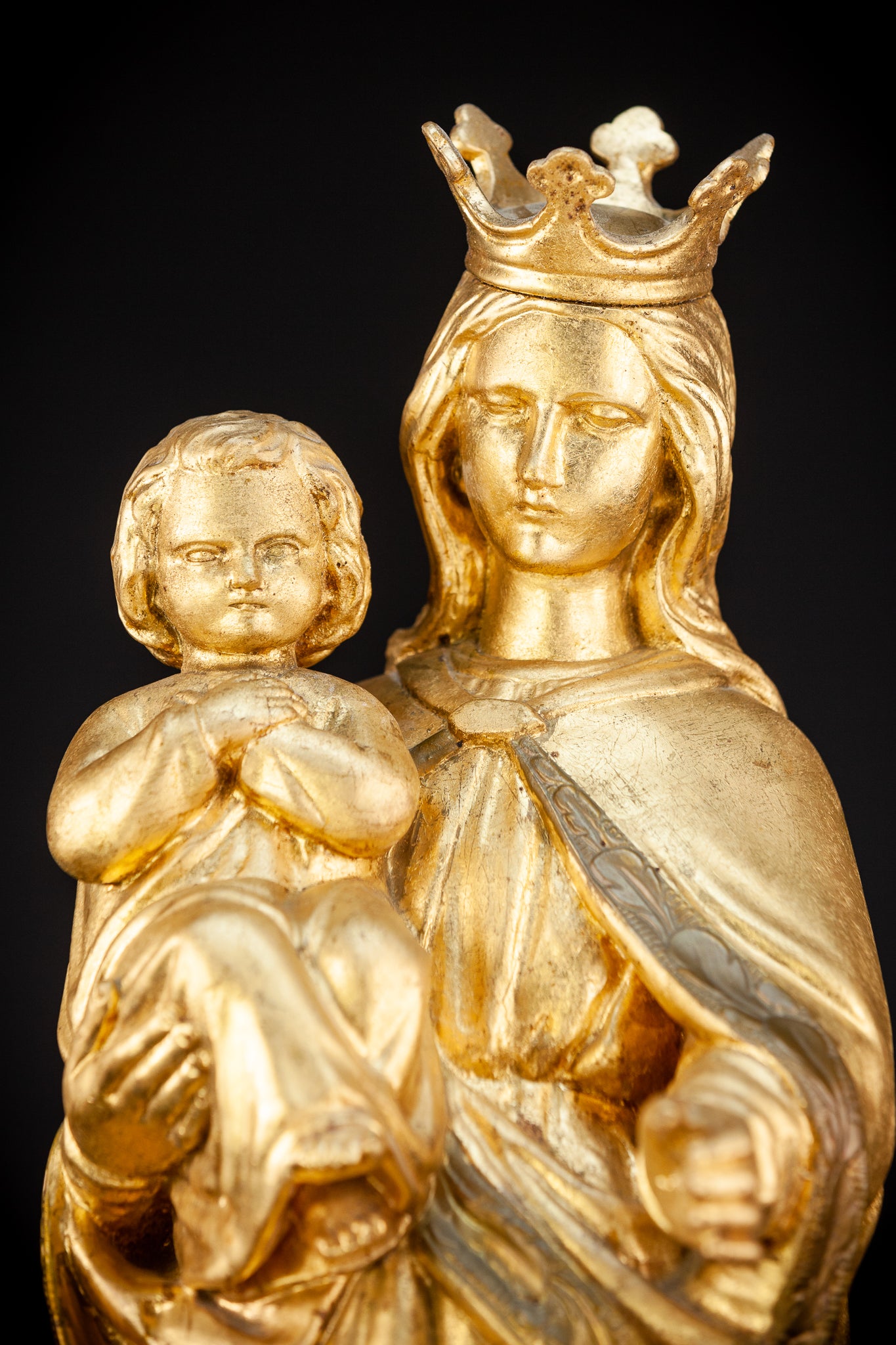 Virgin Mary with Child Jesus Gilded Wooden Sculpture | 1800s Antique | 27.2”/ 69 cm
