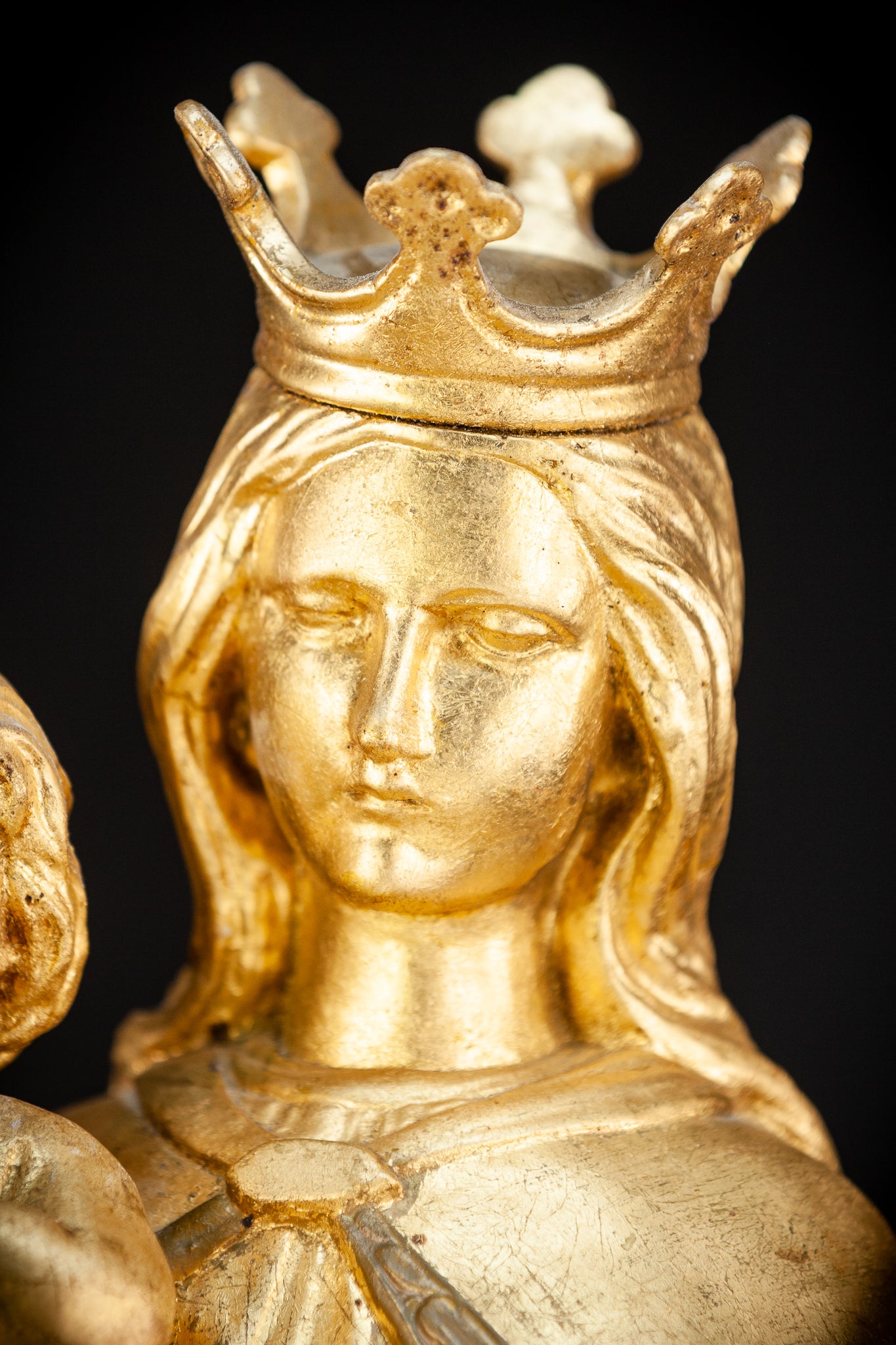 Virgin Mary with Child Jesus Gilded Wooden Sculpture | 1800s Antique | 27.2”/ 69 cm