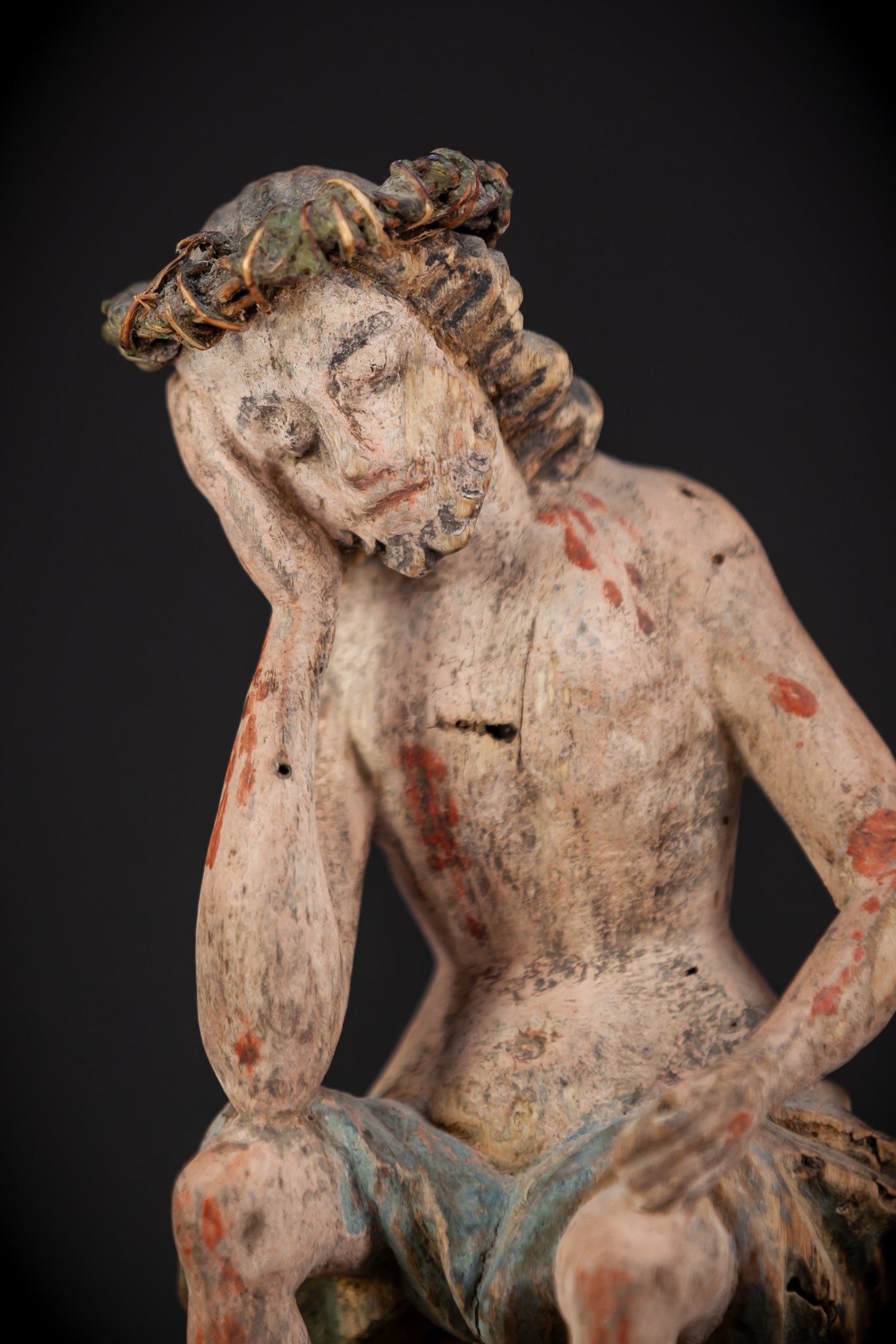 Pensive Christ Wooden Sculpture | 1700s Antique | 7.3" / 18.5 cm