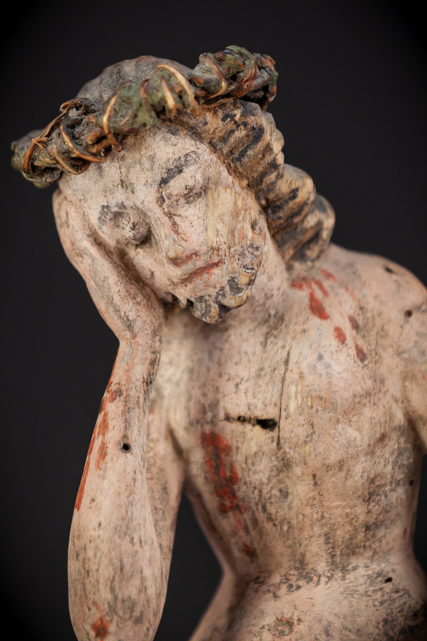 Pensive Christ Wooden Sculpture | 1700s Antique | 7.3" / 18.5 cm