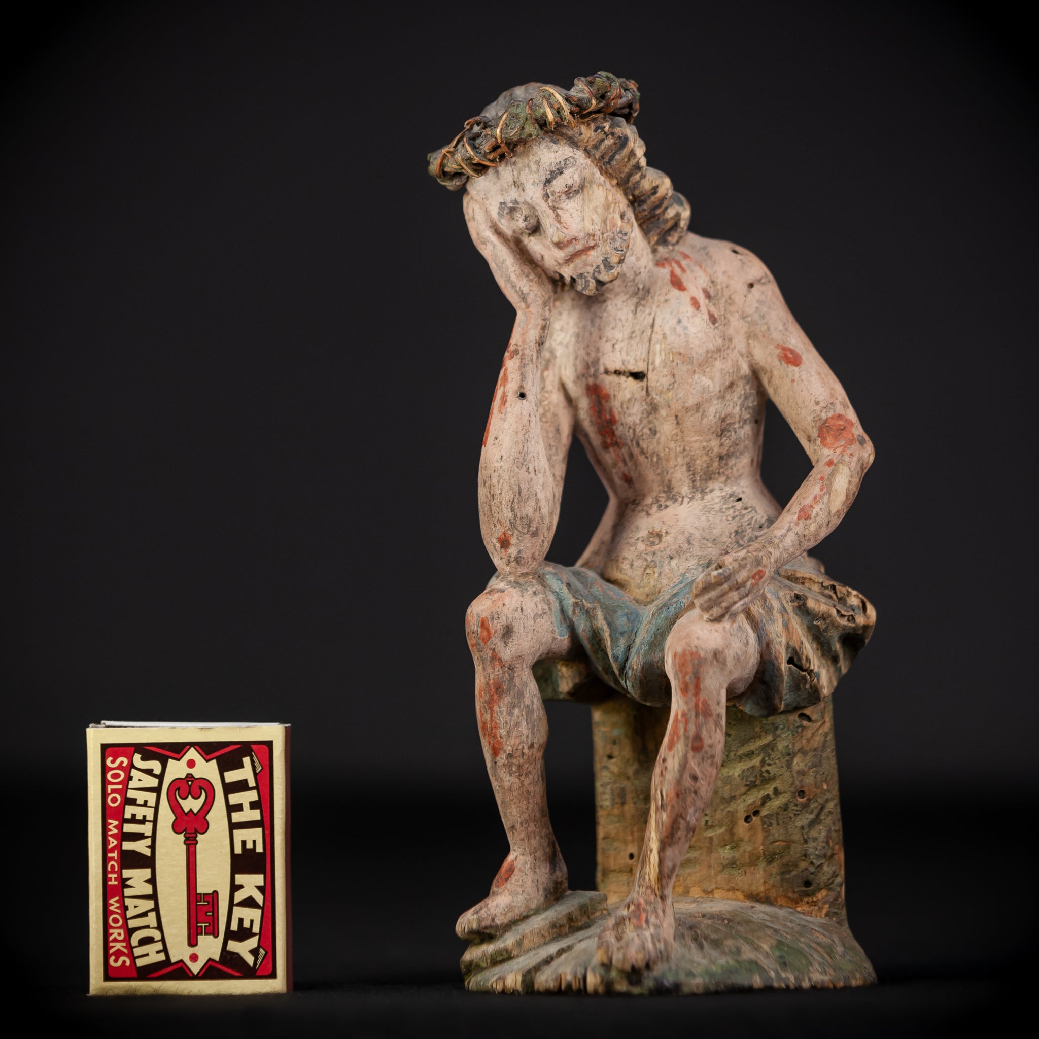Pensive Christ Wooden Sculpture | 1700s Antique | 7.3" / 18.5 cm