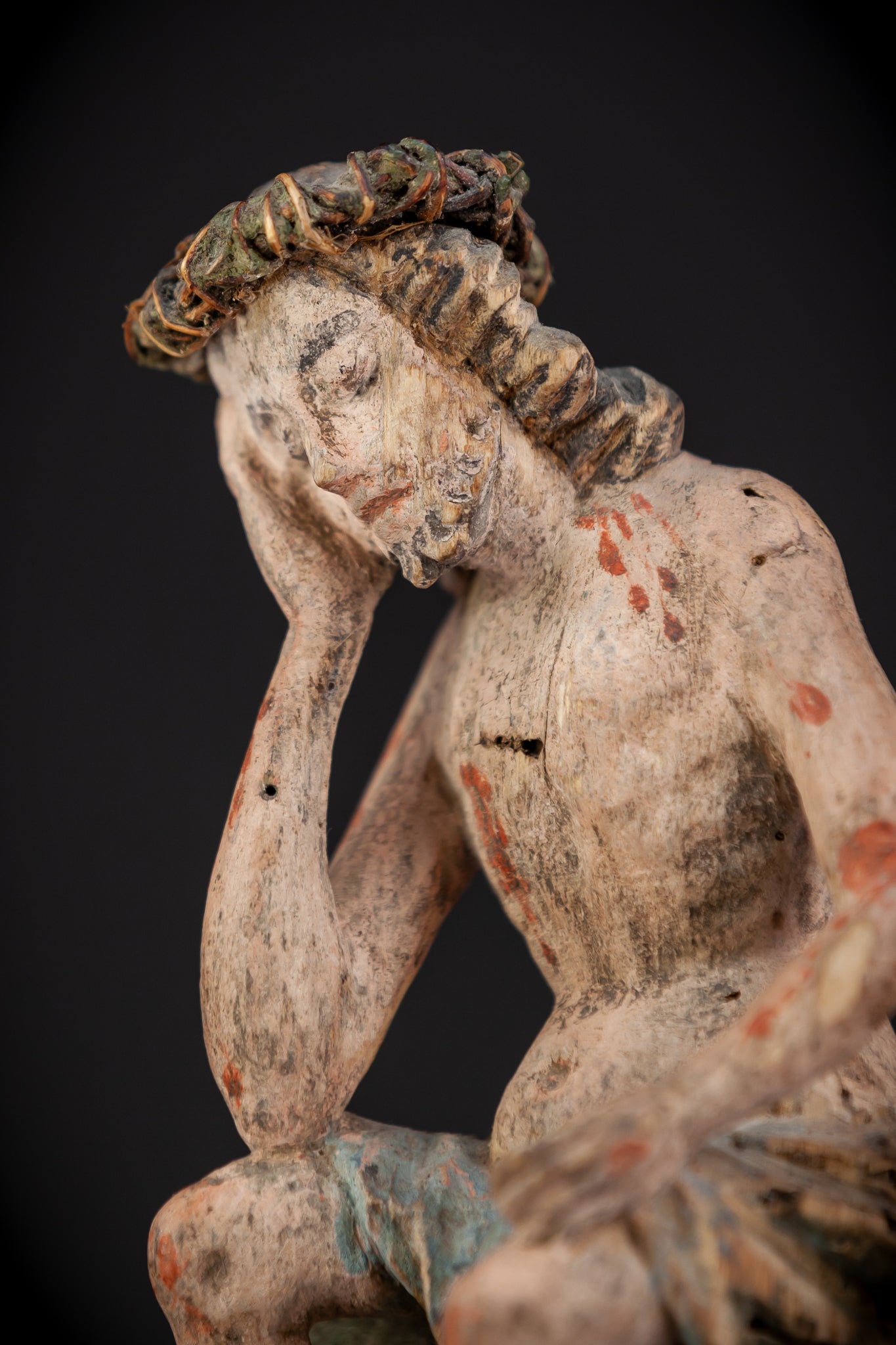 Pensive Christ Wooden Sculpture | 1700s Antique | 7.3" / 18.5 cm