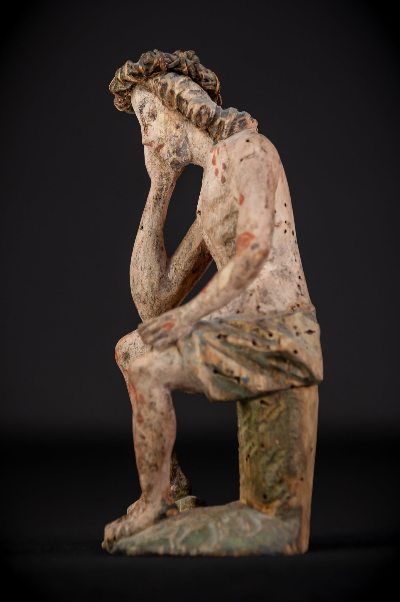 Pensive Christ Wooden Sculpture | 1700s Antique | 7.3" / 18.5 cm