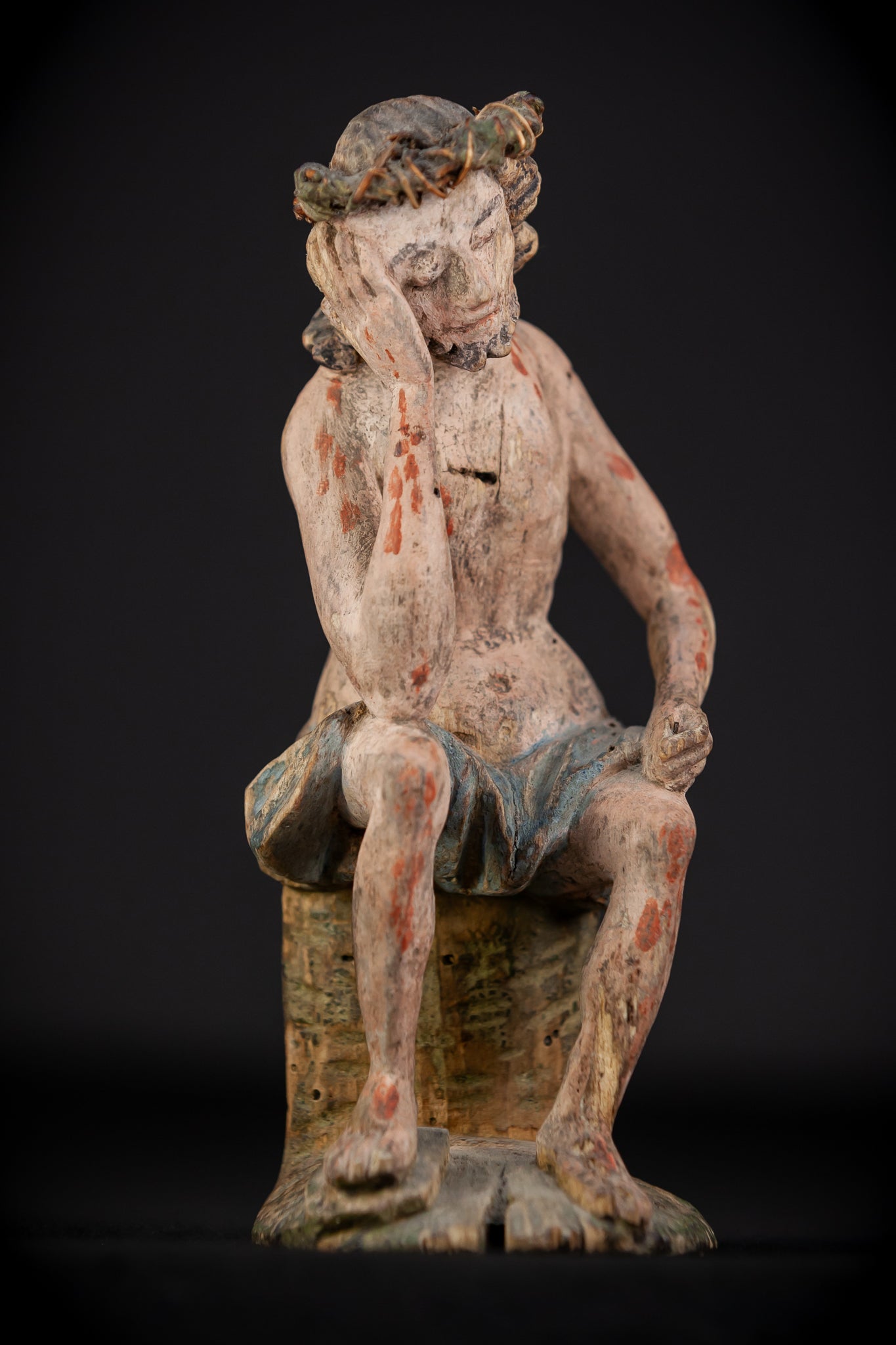 Pensive Christ Wooden Sculpture | 1700s Antique | 7.3" / 18.5 cm