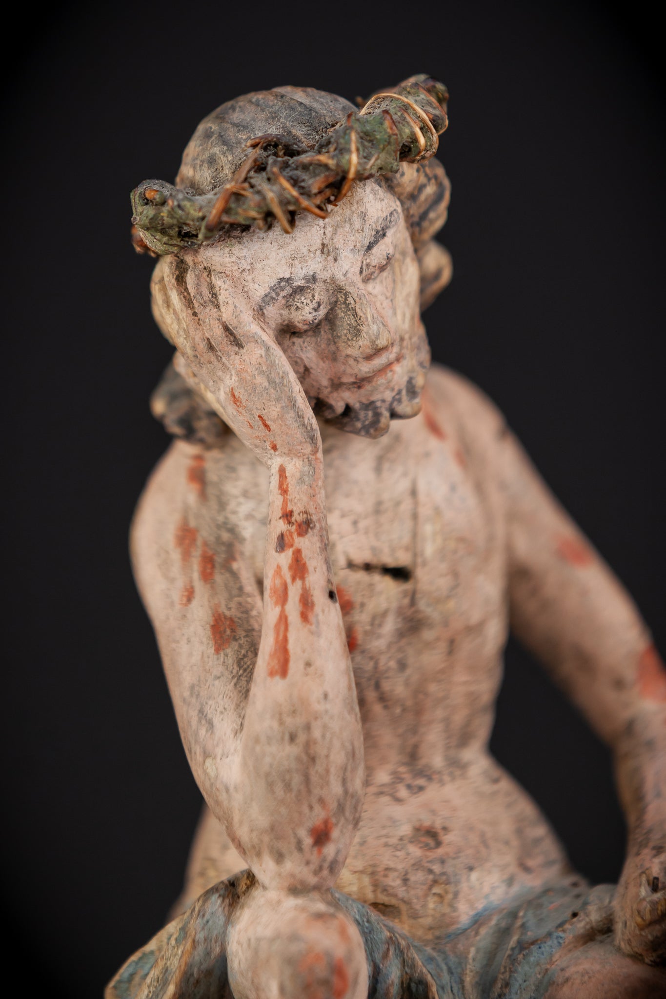 Pensive Christ Wooden Sculpture | 1700s Antique | 7.3" / 18.5 cm