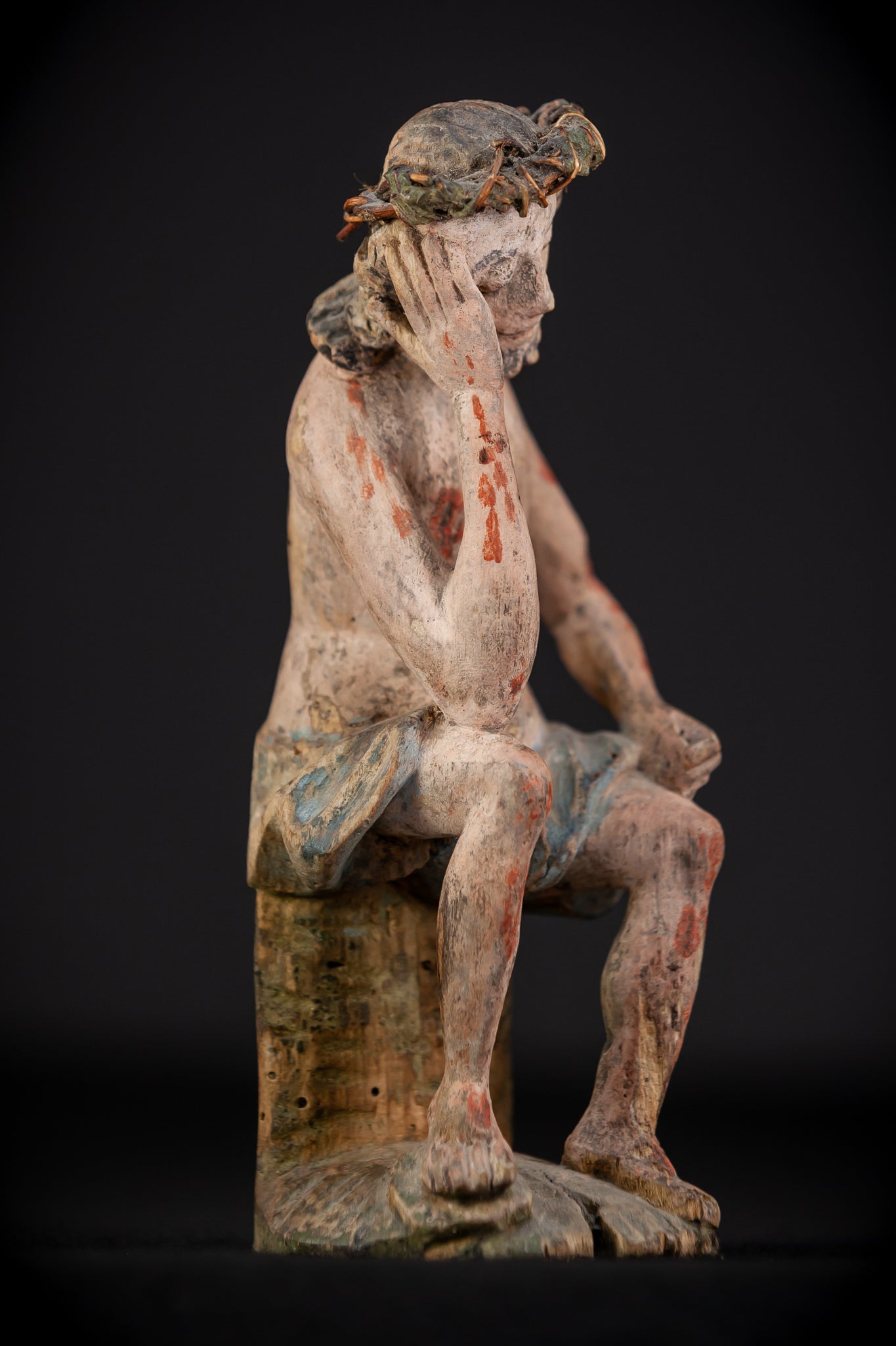 Pensive Christ Wooden Sculpture | 1700s Antique | 7.3" / 18.5 cm
