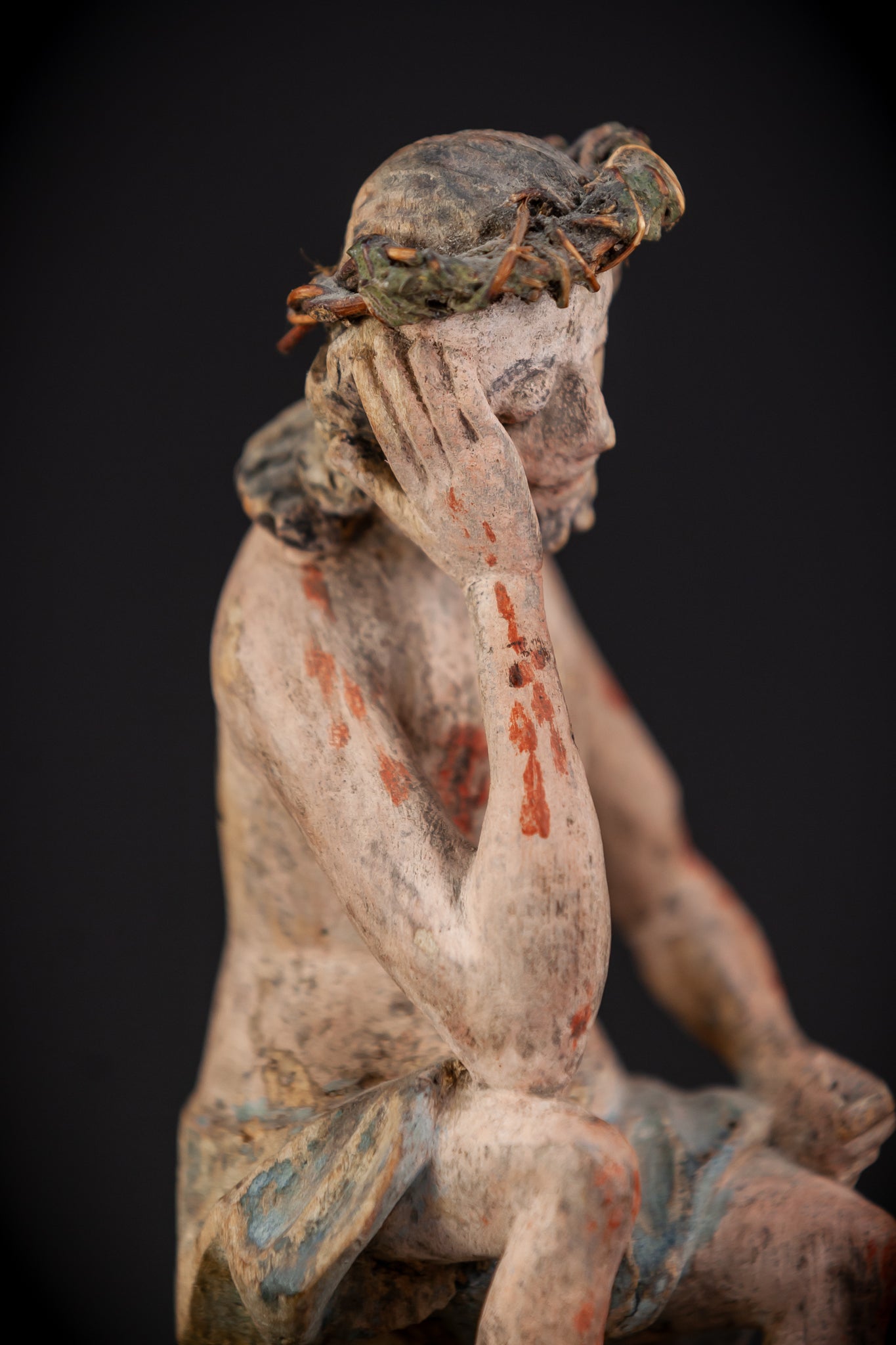 Pensive Christ Wooden Sculpture | 1700s Antique | 7.3" / 18.5 cm