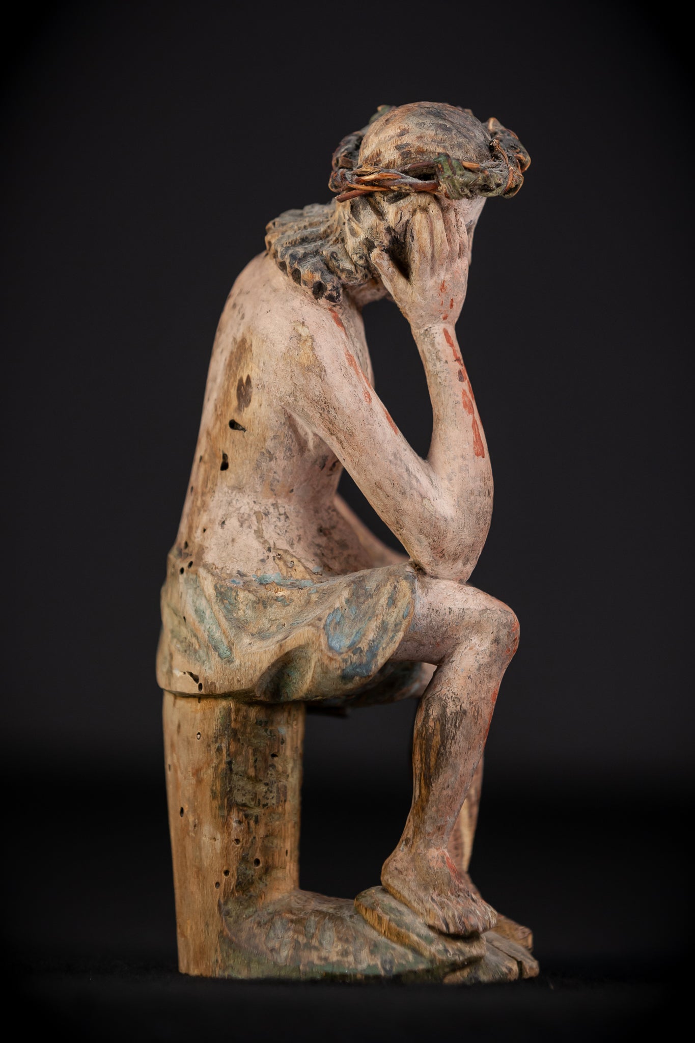 Pensive Christ Wooden Sculpture | 1700s Antique | 7.3" / 18.5 cm
